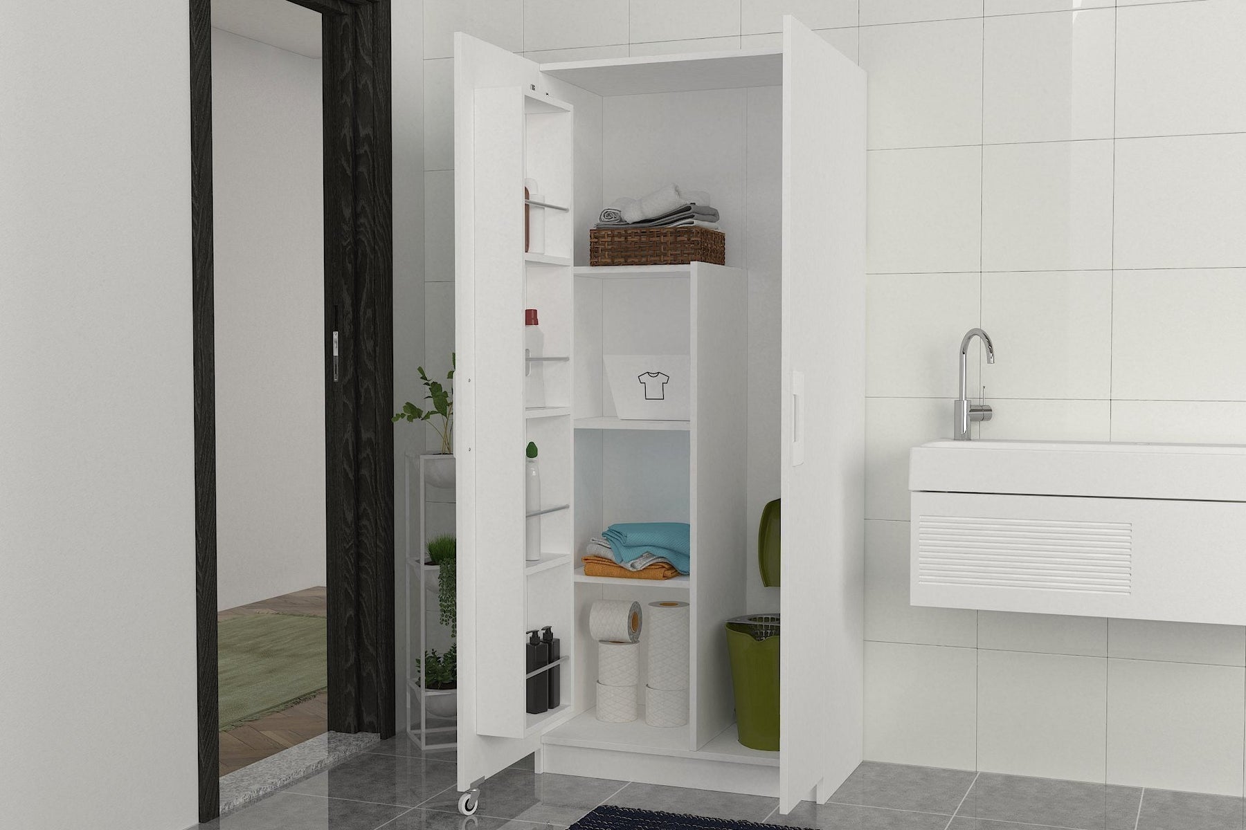 Dulap baie ODEON V2, alb, PAL, cu 2 usi, 76x44x180 cm