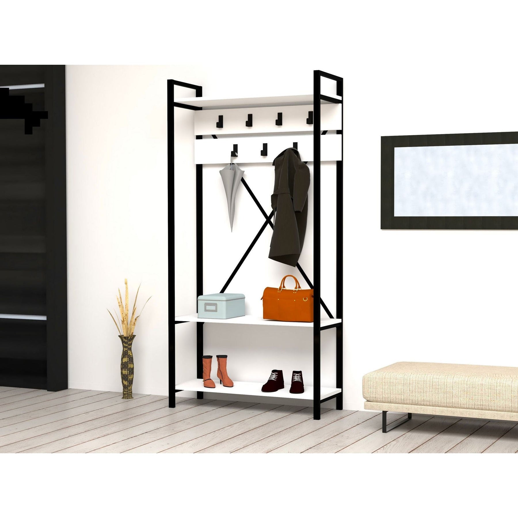 Cuier hol Alfa, alb/negru, pal melaminat 100%, 90x180x34 cm