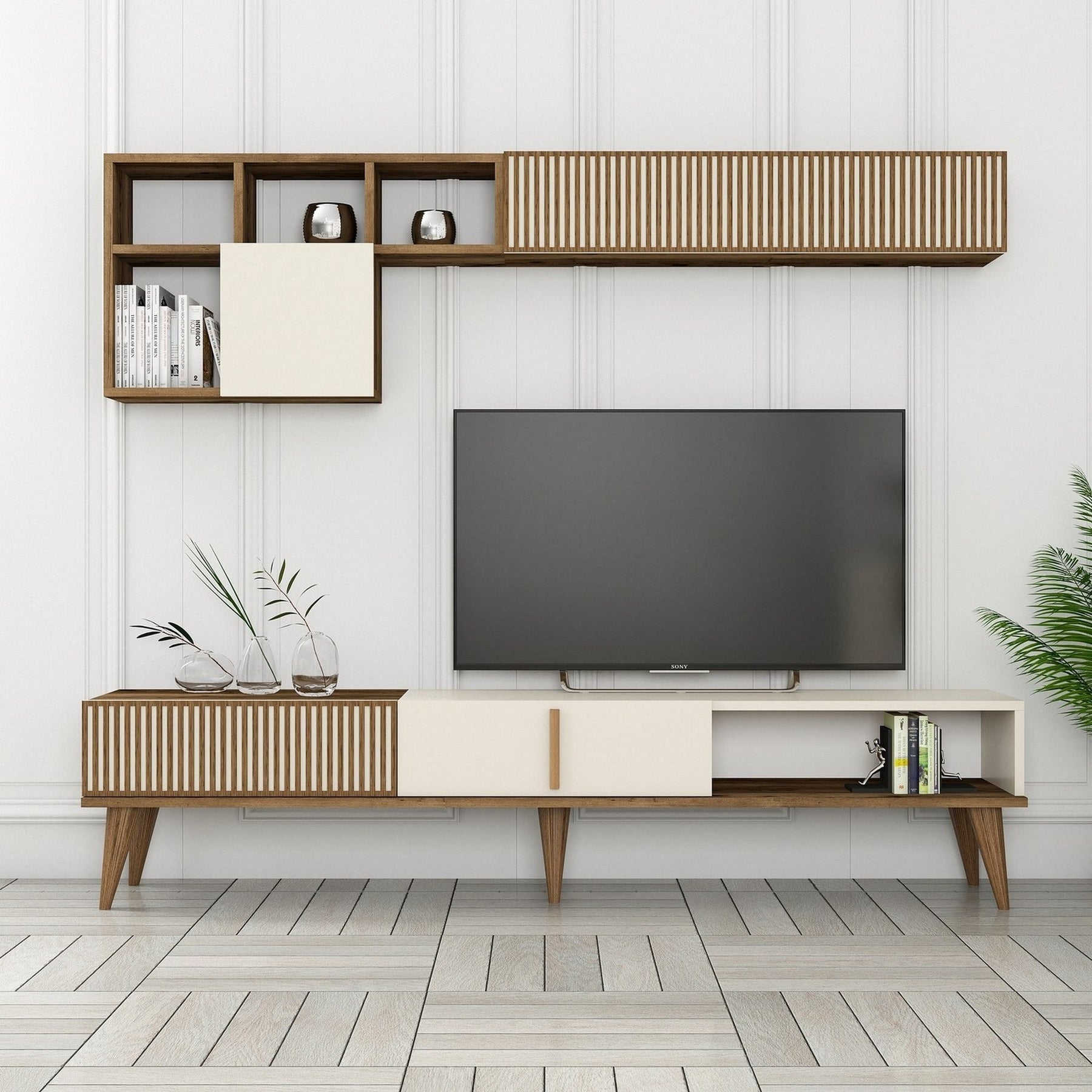 Set comoda TV si raft MILAN, nuc/crem, PAL melaminat