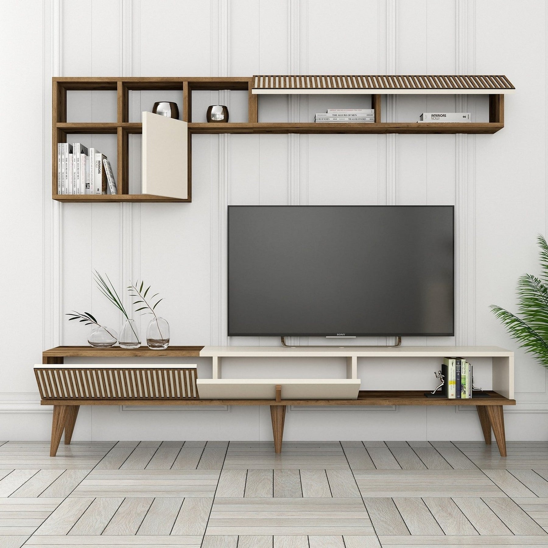 Set comoda TV si raft MILAN, nuc/crem, PAL melaminat