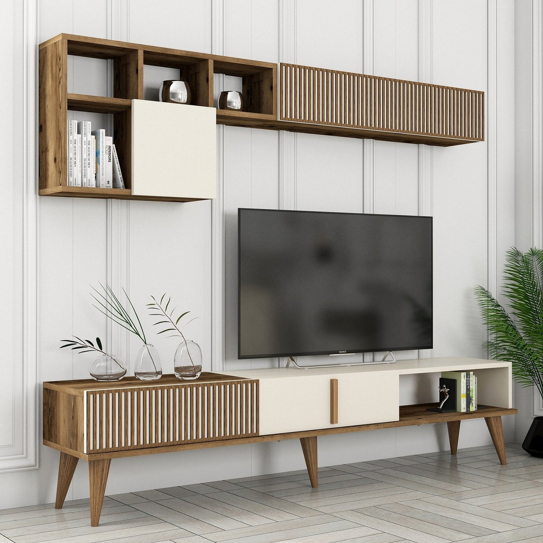 Set comoda TV si raft MILAN, nuc/crem, PAL melaminat