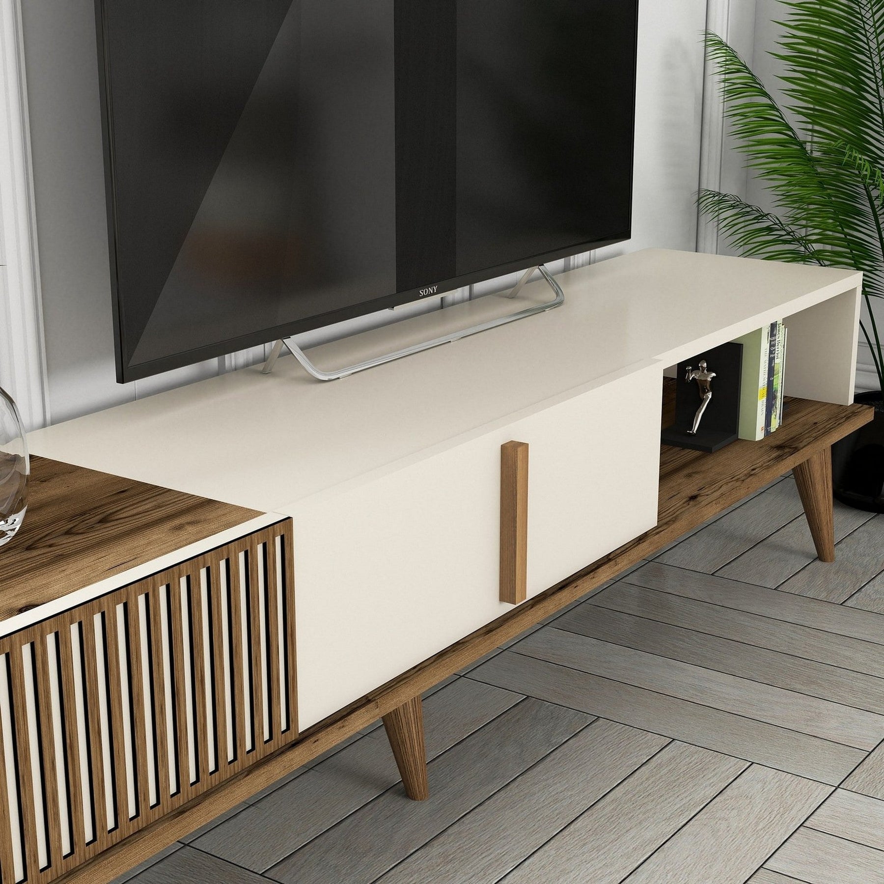 Set comoda TV si raft MILAN, nuc/crem, PAL melaminat