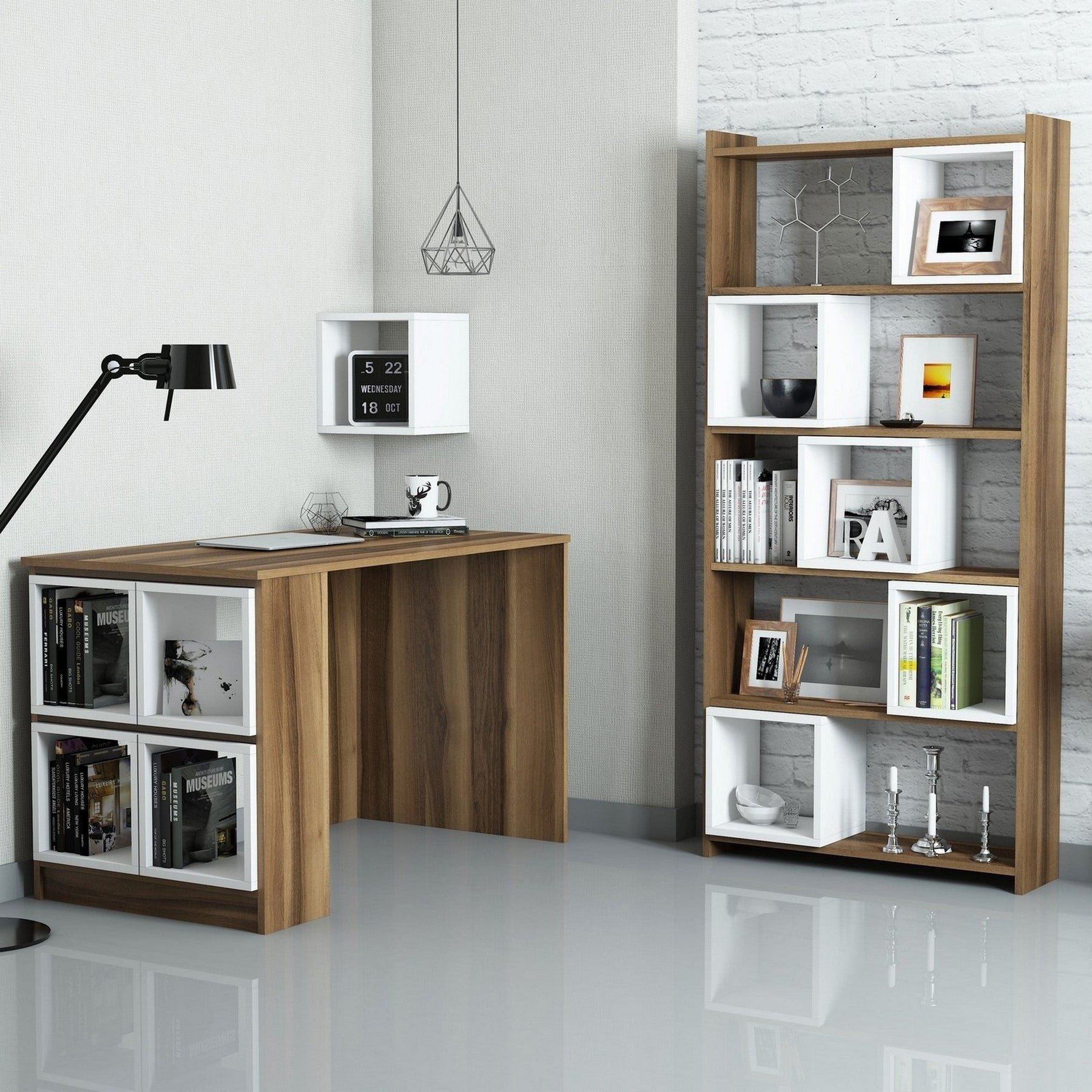 Set mobilier birou BOX, nuc/alb, PAL melaminat, 3 piese