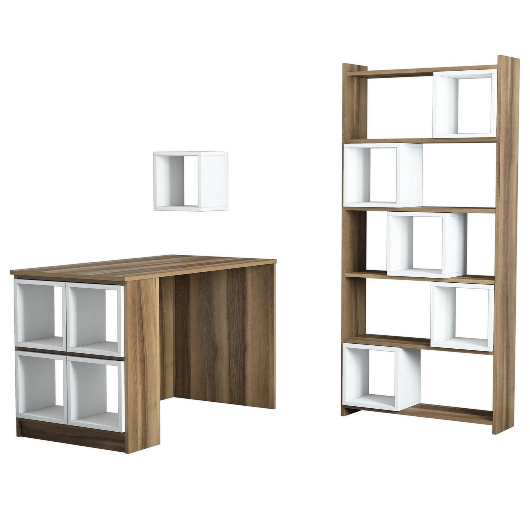 Set mobilier birou BOX, nuc/alb, PAL melaminat, 3 piese