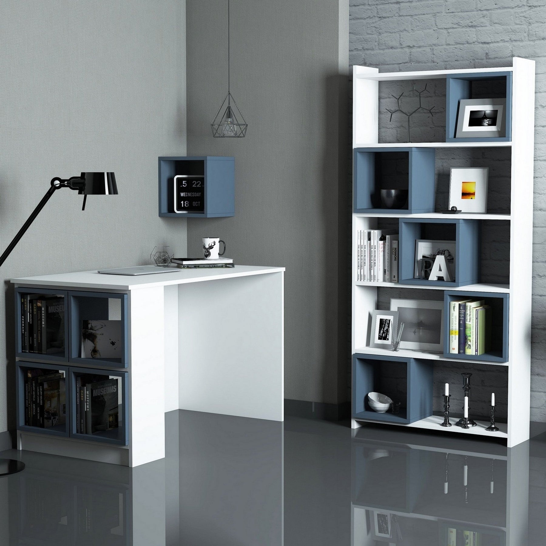Set mobilier birou BOX, alb/albastru, PAL melaminat, 3 piese