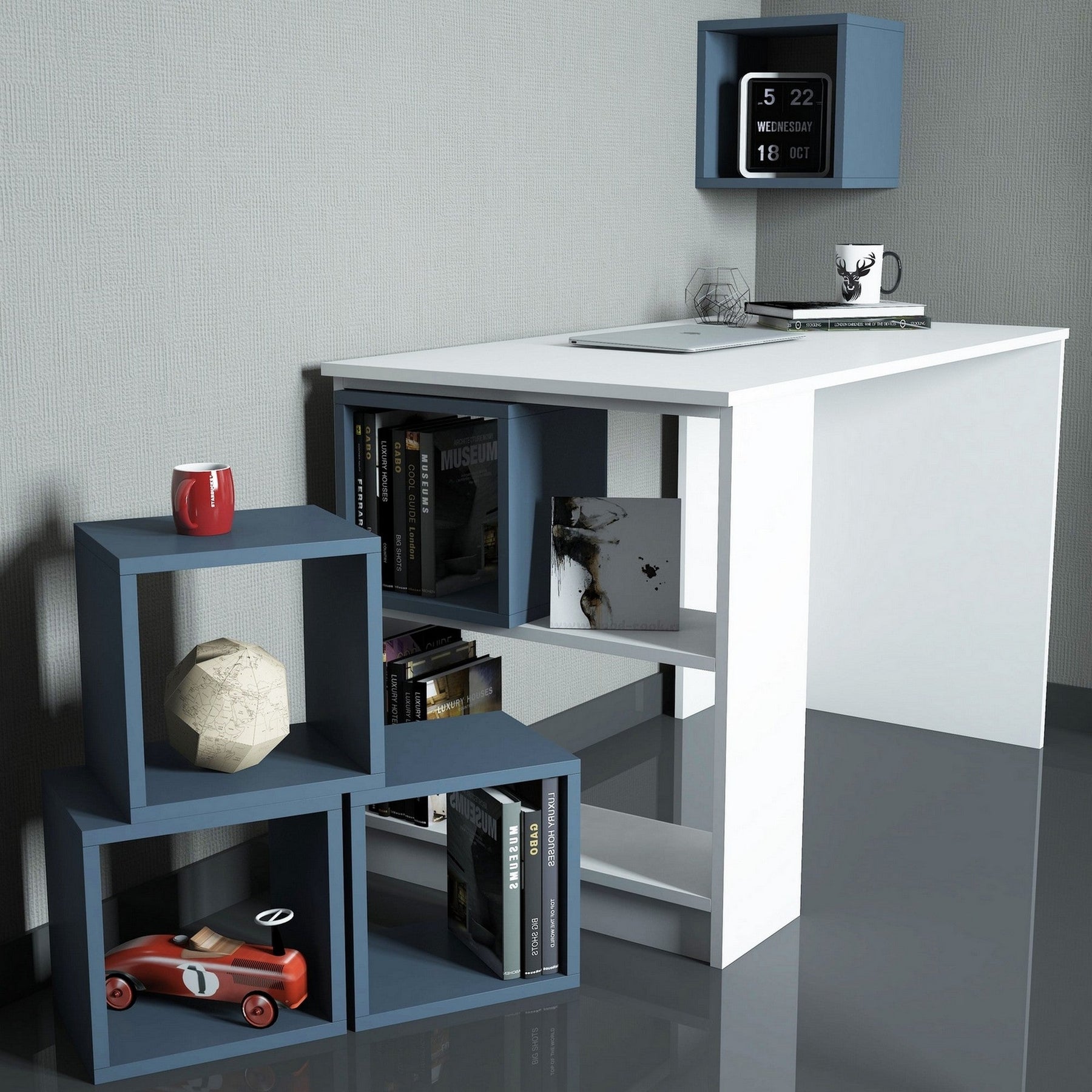 Set mobilier birou BOX, alb/albastru, PAL melaminat, 3 piese