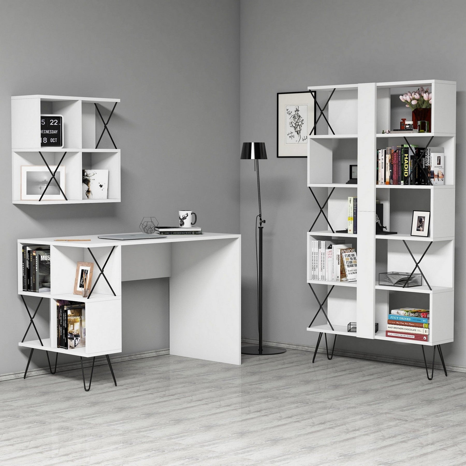 Set mobilier birou EXTRA 2, alb/negru, PAL melaminat/metal, 3 piese