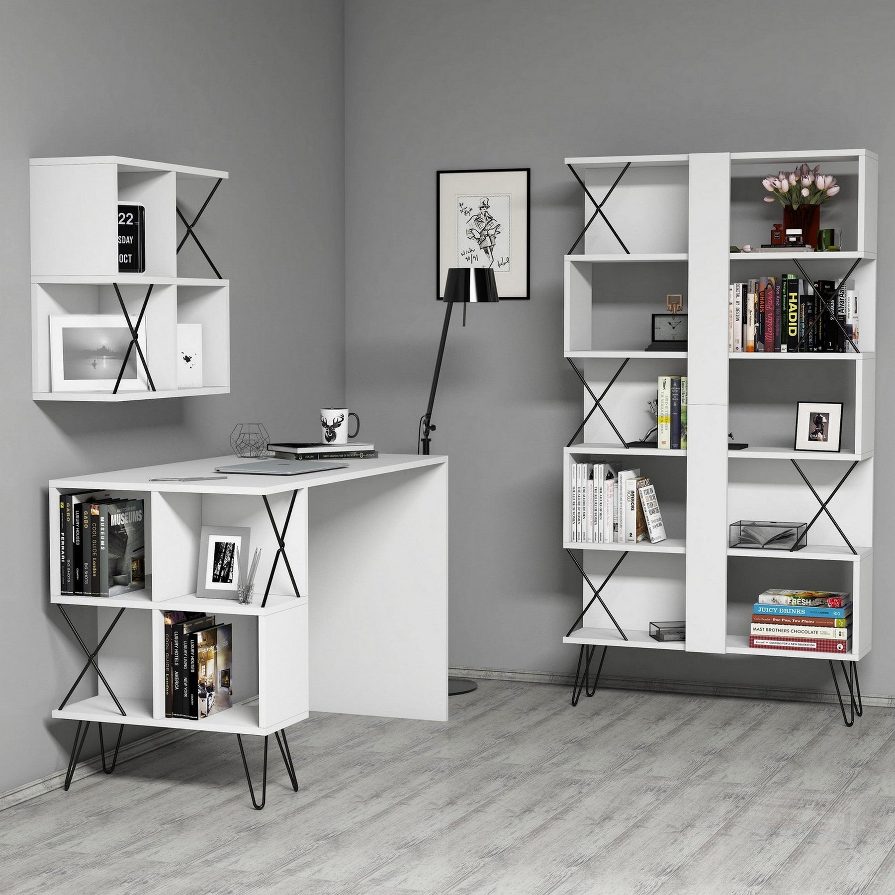 Set mobilier birou EXTRA 2, alb/negru, PAL melaminat/metal, 3 piese