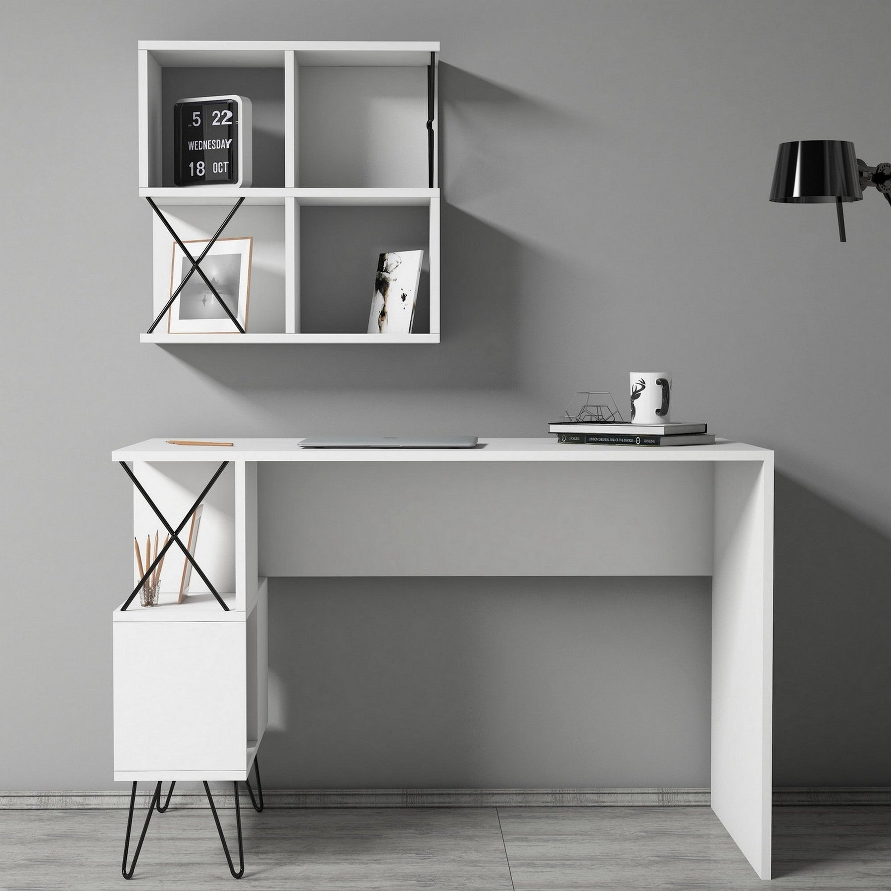 Set mobilier birou EXTRA 2, alb/negru, PAL melaminat/metal, 3 piese