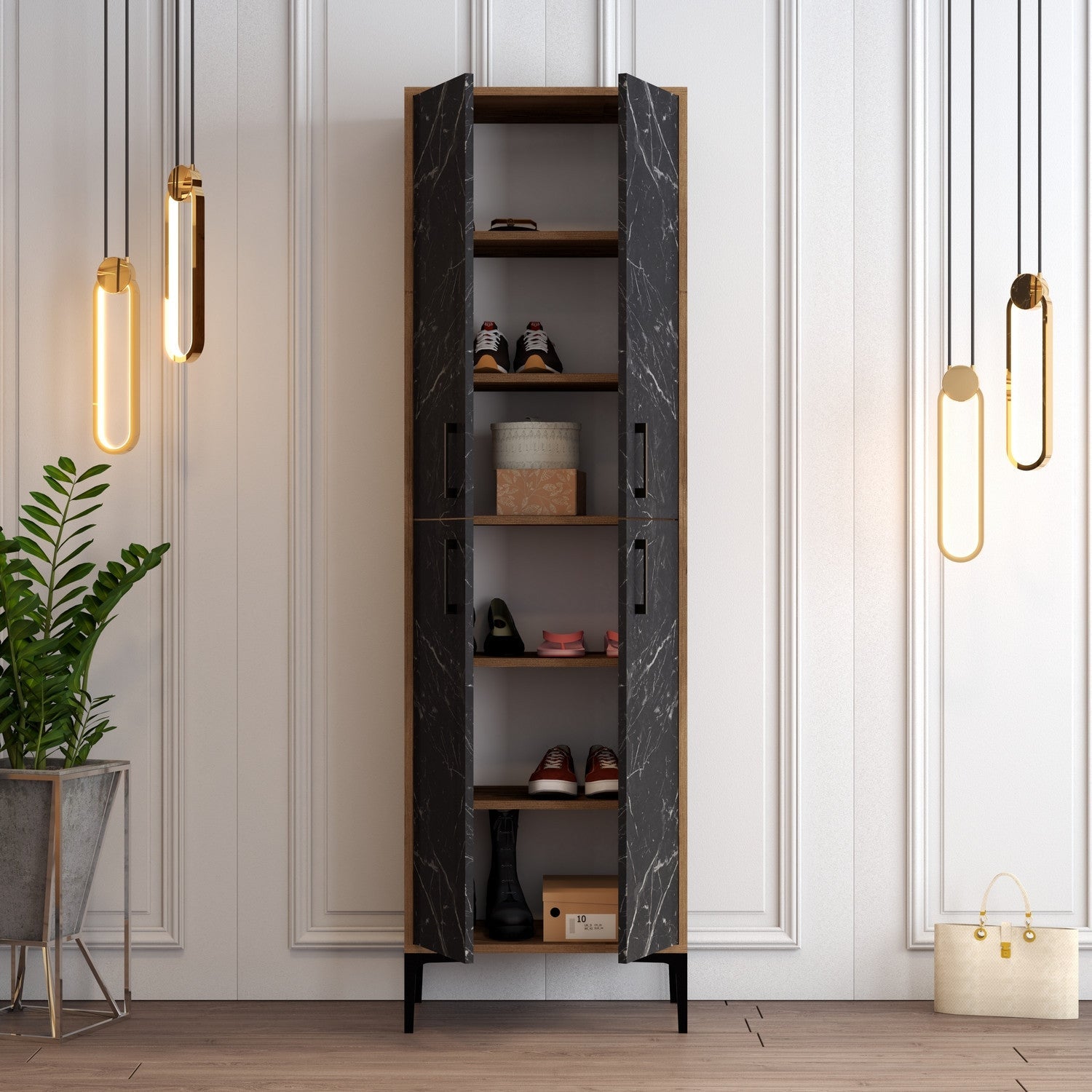 Pantofar BERLIN, negru cu efect de marmura/stejar inchis, PAL melaminat/metal, 60x35x200 cm
