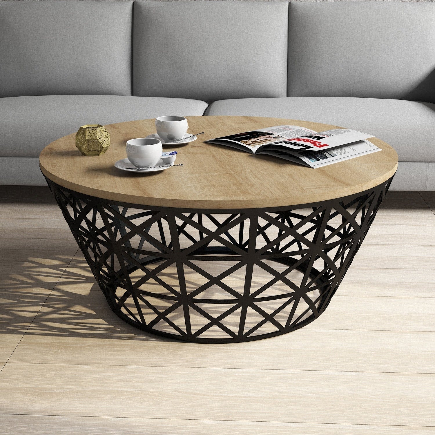 Masuta cafea 845HCT5225, stejar/negru, PAL melaminat/metal, 90x90x38 cm