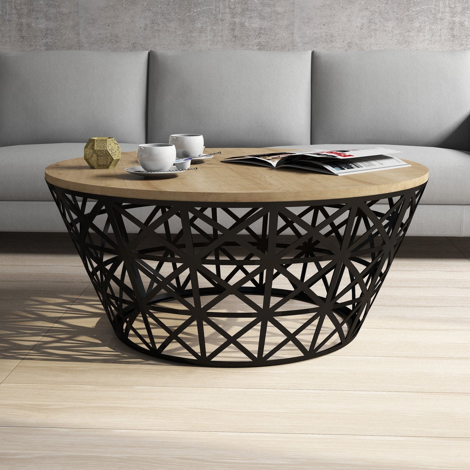 Masuta cafea 845HCT5225, stejar/negru, PAL melaminat/metal, 90x90x38 cm