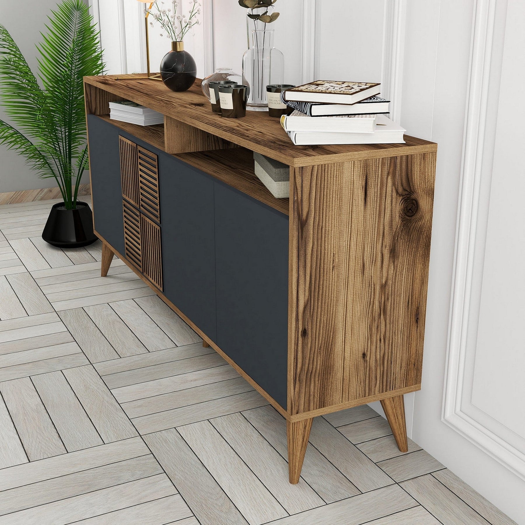 Comoda TV MILAN, nuc/gri antracit, PAL melaminat, 160x35x78 cm