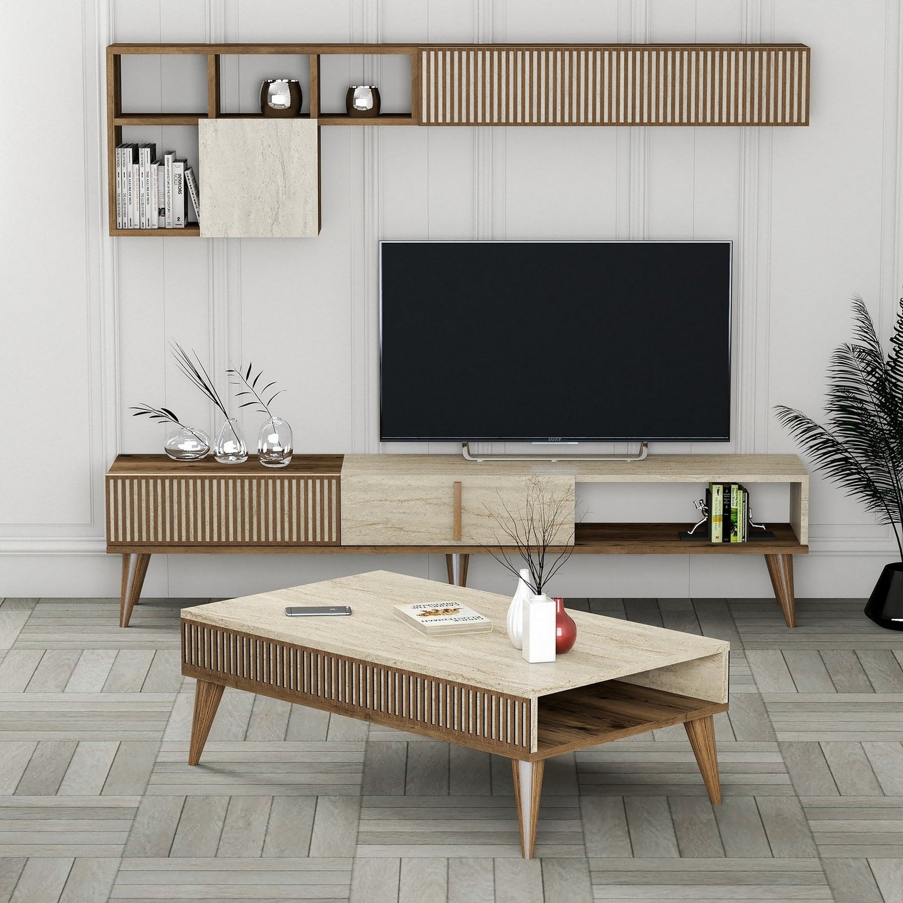 Set living MILAN, maro/bej cu efect de marmura, PAL melaminat, cu masuta, comoda si raft