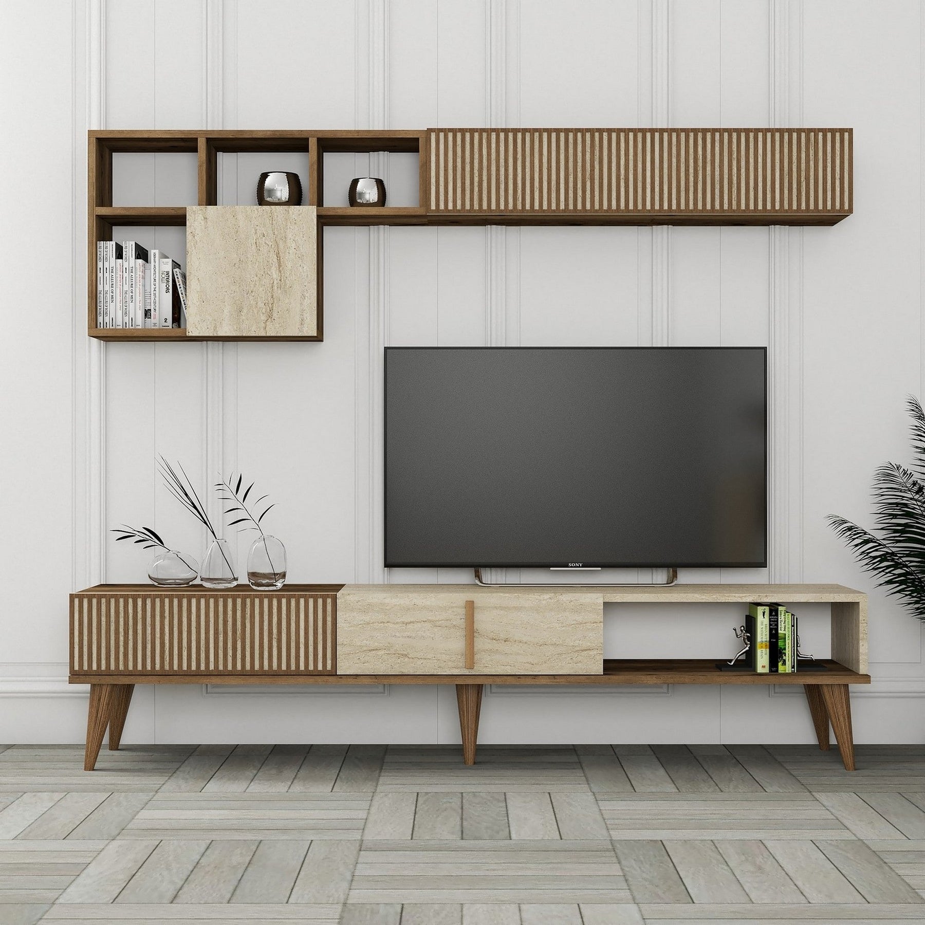 Set living MILAN, maro/bej cu efect de marmura, PAL melaminat, cu masuta, comoda si raft