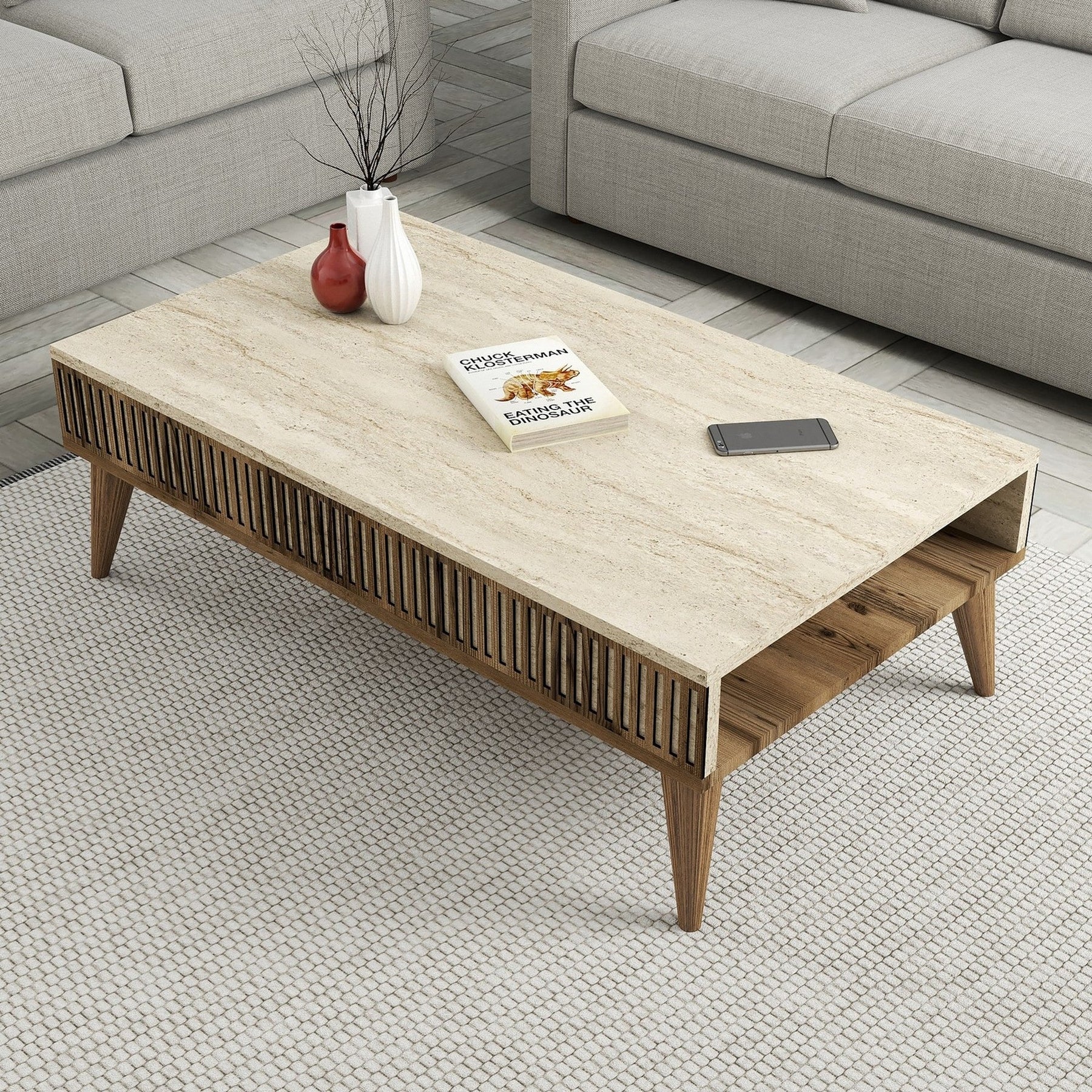 Set living MILAN, maro/bej cu efect de marmura, PAL melaminat, cu masuta, comoda si raft
