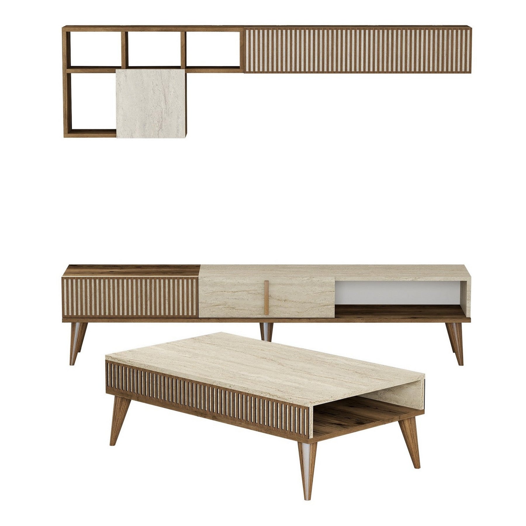 Set living MILAN, maro/bej cu efect de marmura, PAL melaminat, cu masuta, comoda si raft