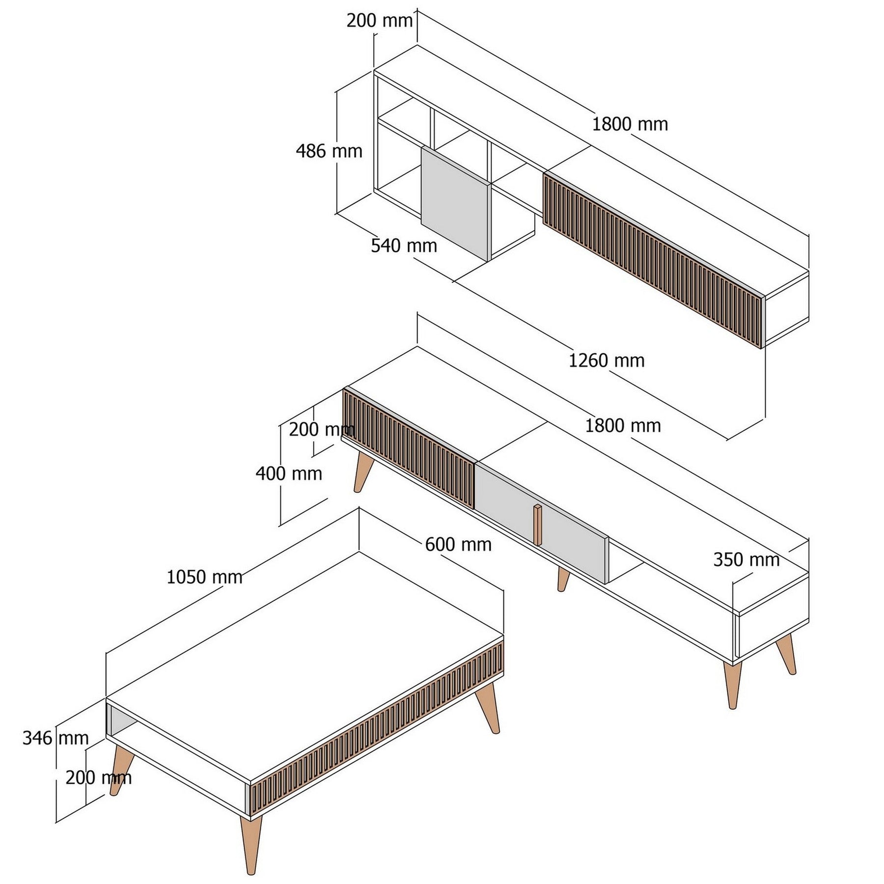 Set living MILAN, maro/bej cu efect de marmura, PAL melaminat, cu masuta, comoda si raft