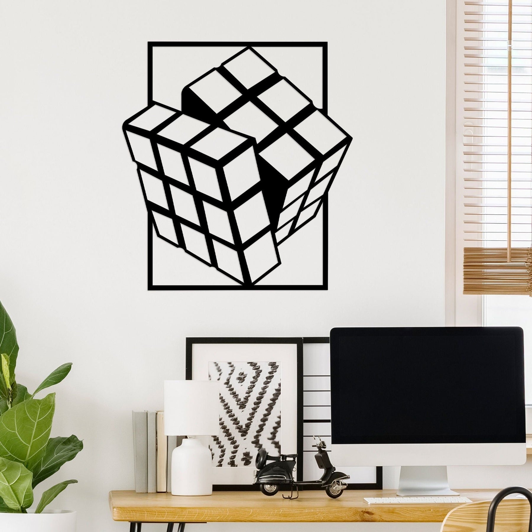 Decoratiune de perete Rubik's Cube, 100% metal, negru, 64x69 cm