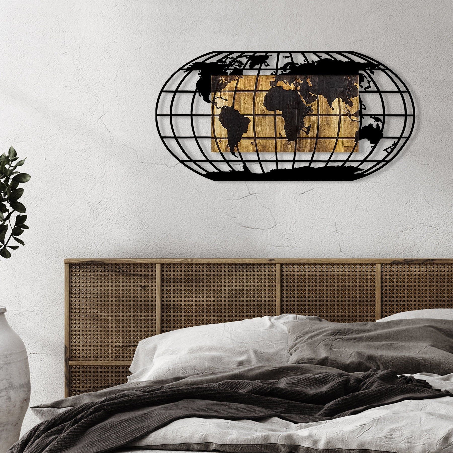 Accesoriu decorativ World Map 2, negru/nuc, metal, 102x50x3 cm