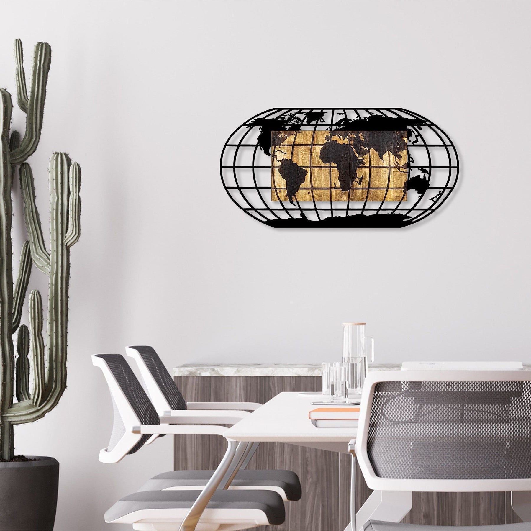Accesoriu decorativ World Map 2, negru/nuc, metal, 102x50x3 cm