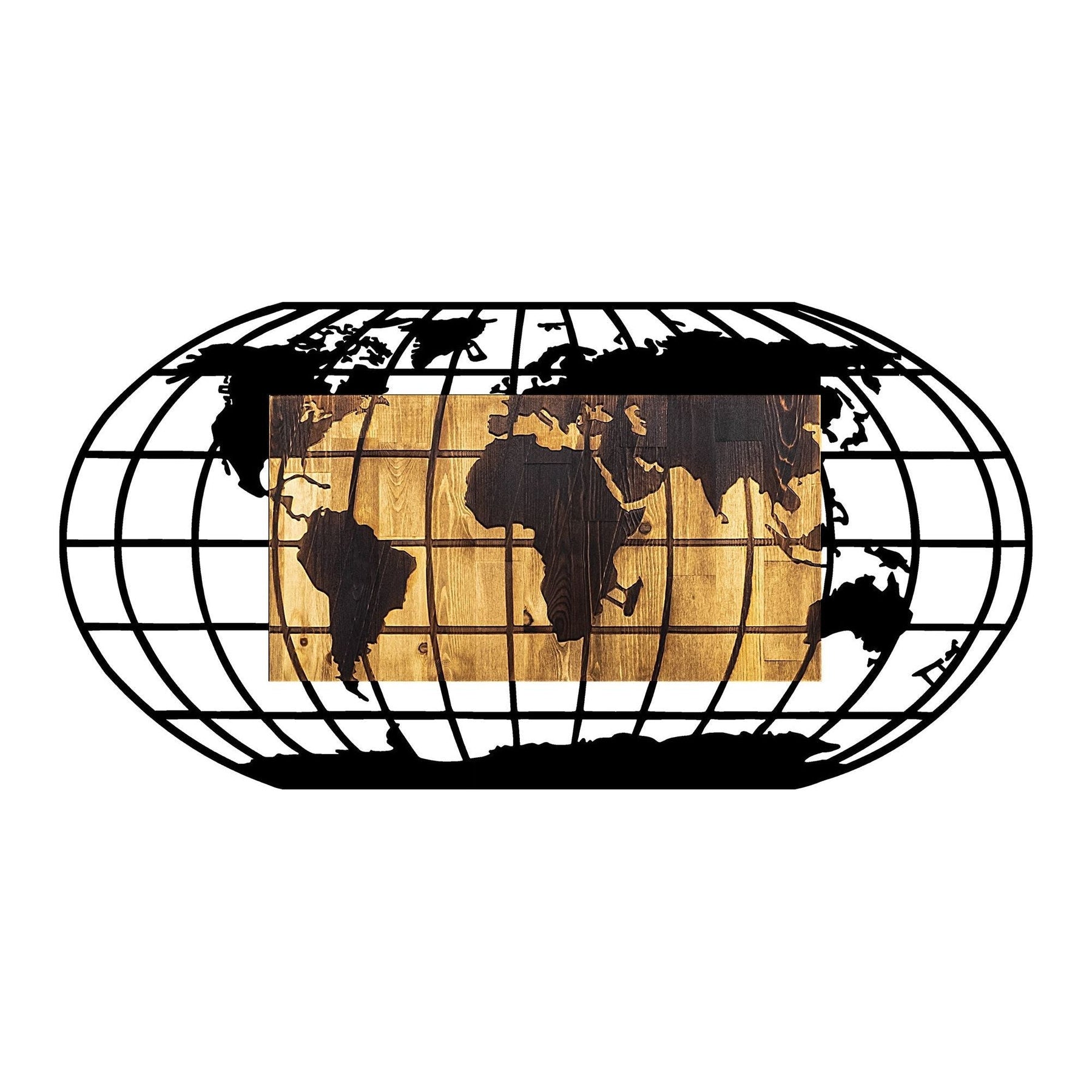 Accesoriu decorativ World Map 2, negru/nuc, metal, 102x50x3 cm