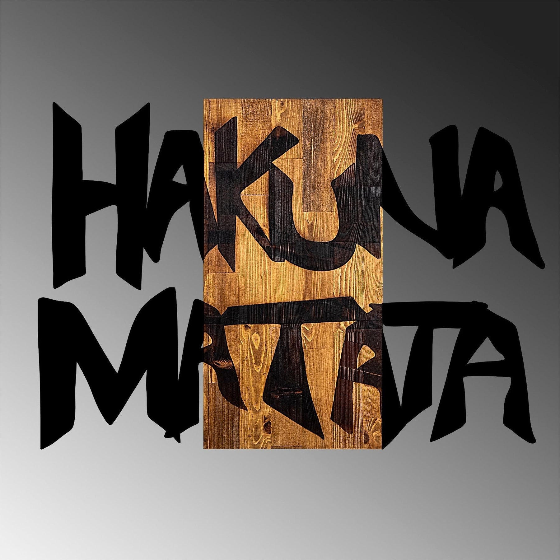 Decoratiune perete Hakuna Matata 5, negru/nuc, lemn/metal, 77x3x58 cm