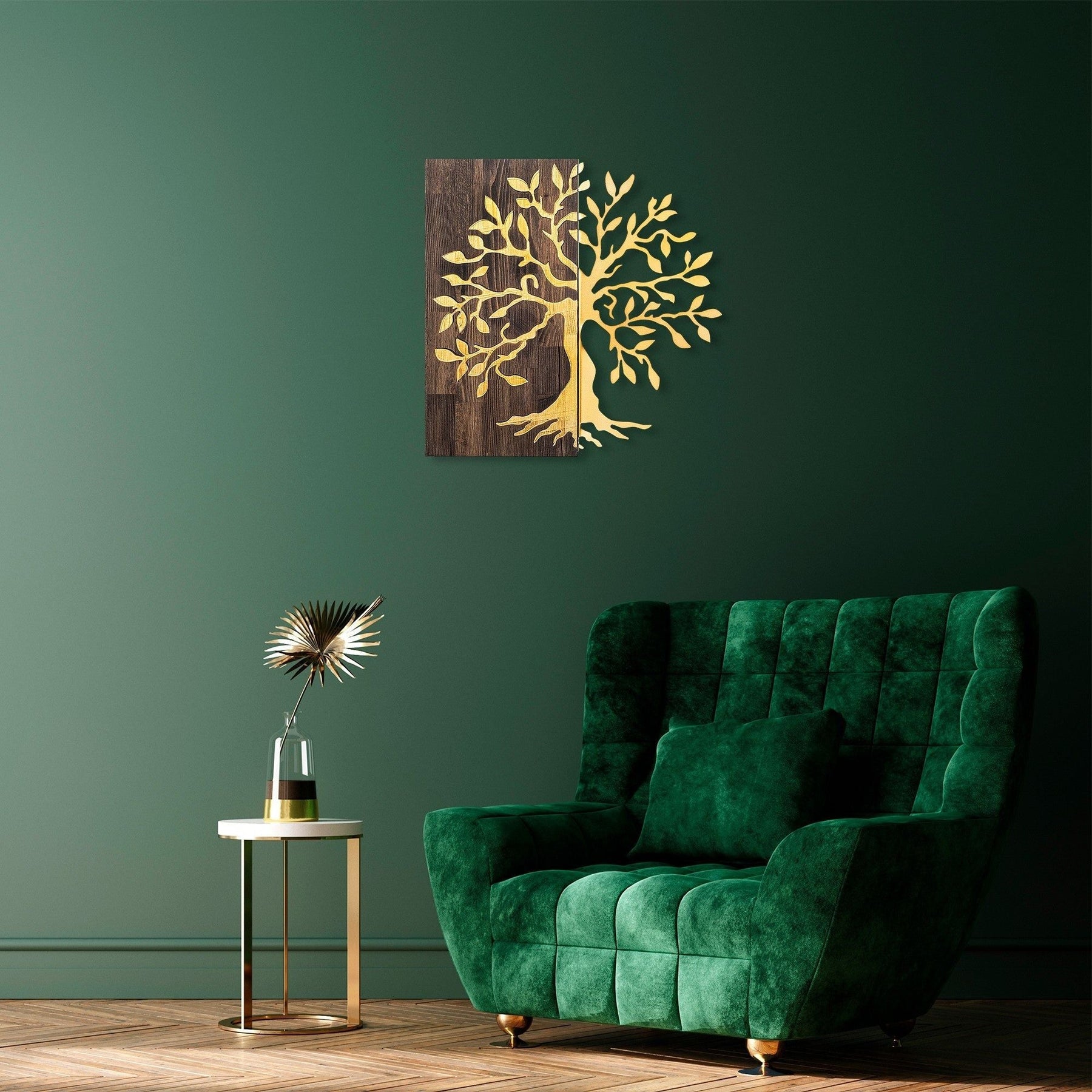 Accesoriu decorativ de perete Tree, nuc/auriu, lemn/metal, model copac, 58x58 cm