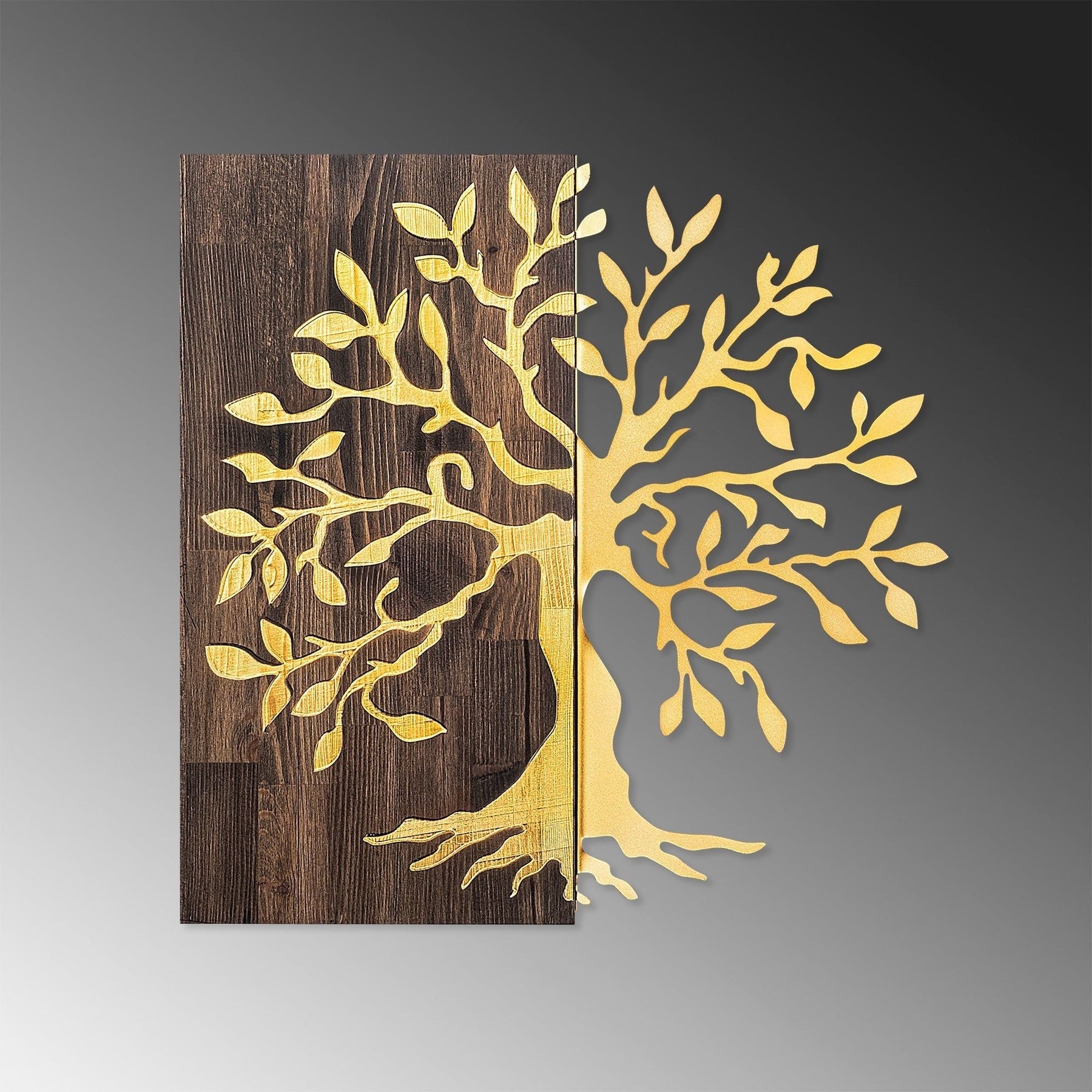 Accesoriu decorativ de perete Tree, nuc/auriu, lemn/metal, model copac, 58x58 cm
