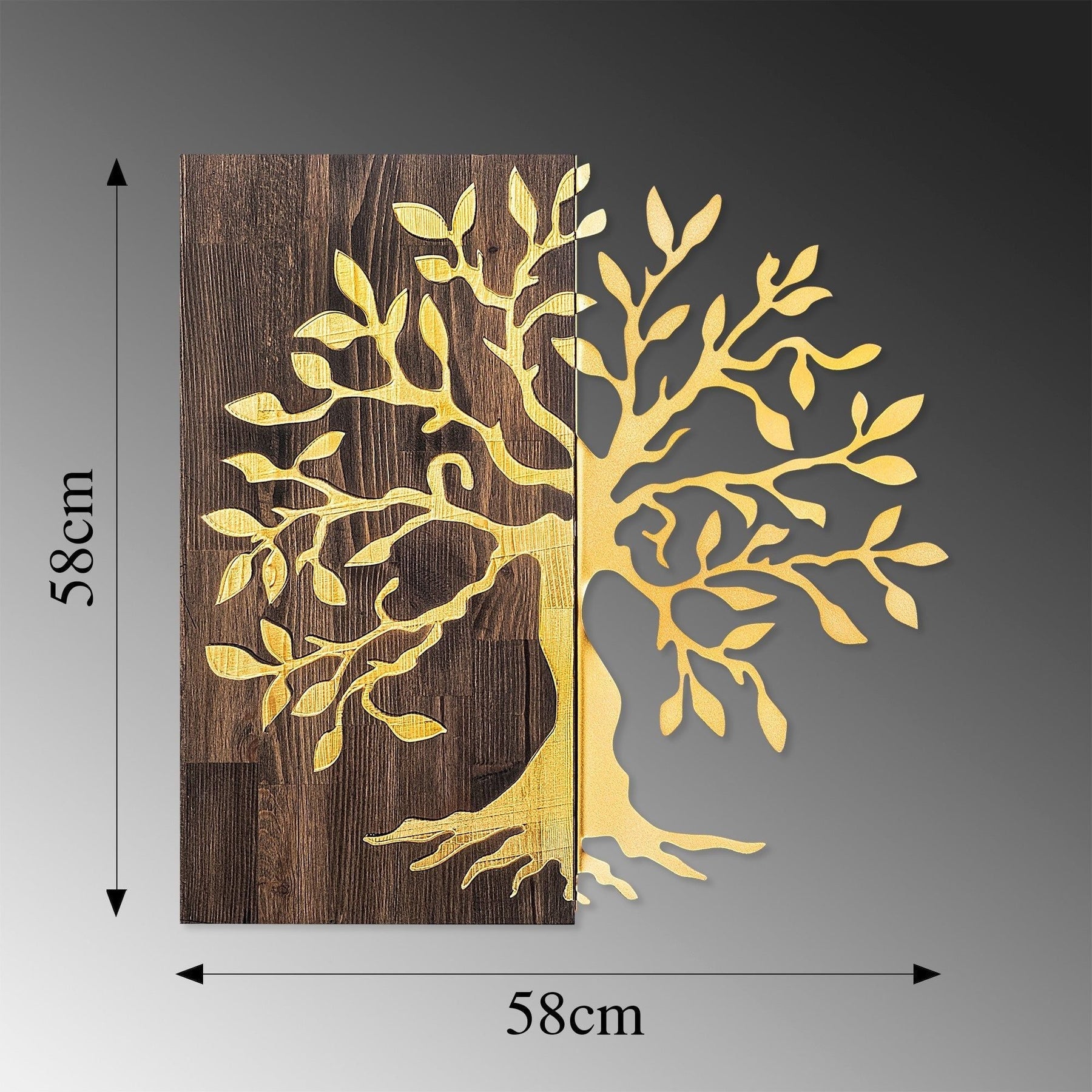 Accesoriu decorativ de perete Tree, nuc/auriu, lemn/metal, model copac, 58x58 cm