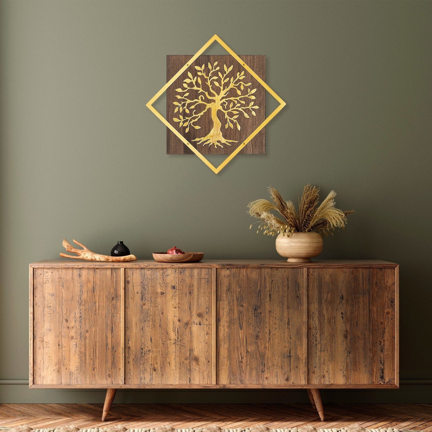 Accesoriu decorativ de perete Tree v2, nuc/auriu, 50% lemn/50% metal, model copac, 54x54 cm