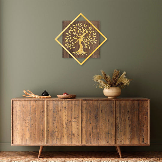 Accesoriu decorativ de perete Tree v2, nuc/auriu, 50% lemn/50% metal, model copac, 54x54 cm