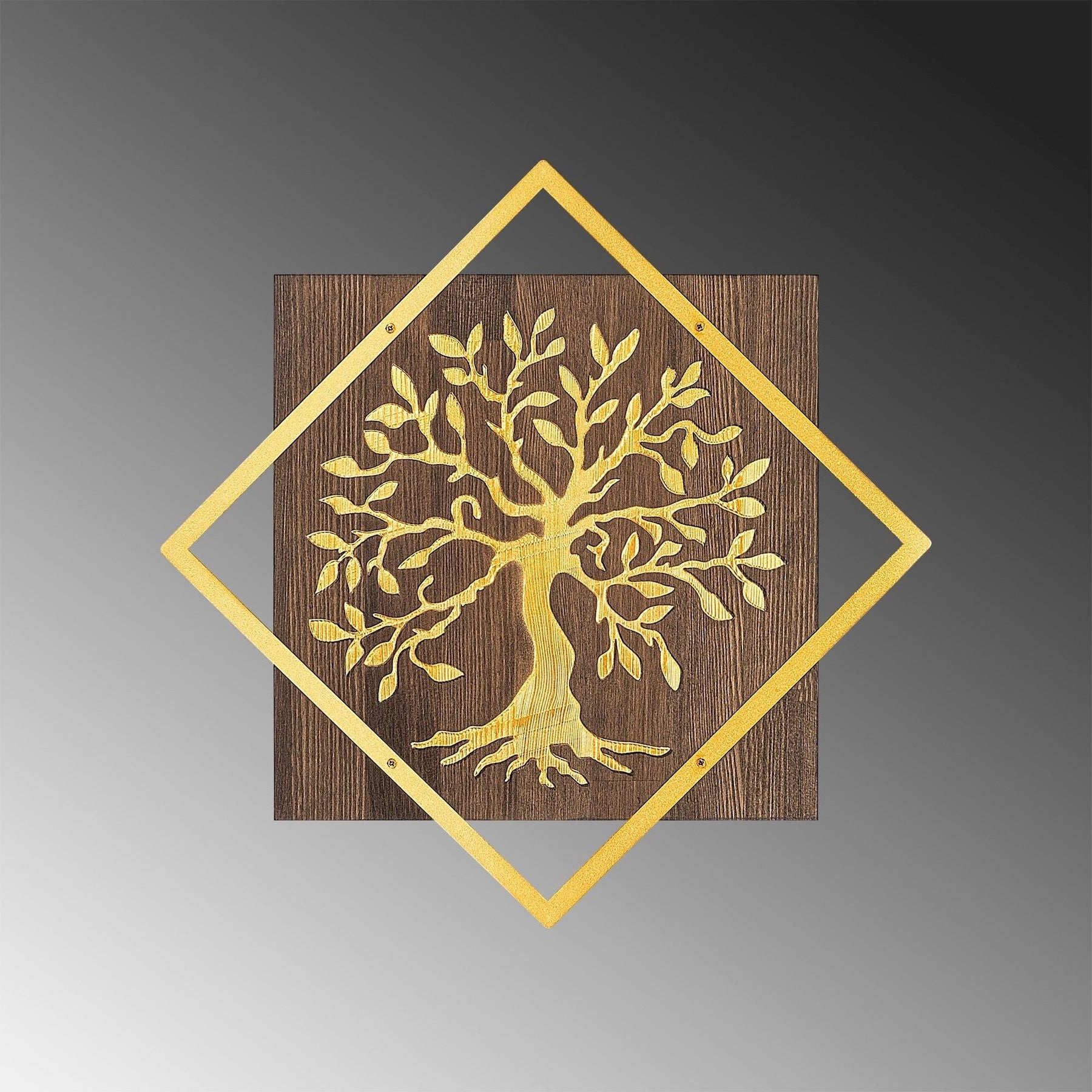 Accesoriu decorativ de perete Tree v2, nuc/auriu, 50% lemn/50% metal, model copac, 54x54 cm