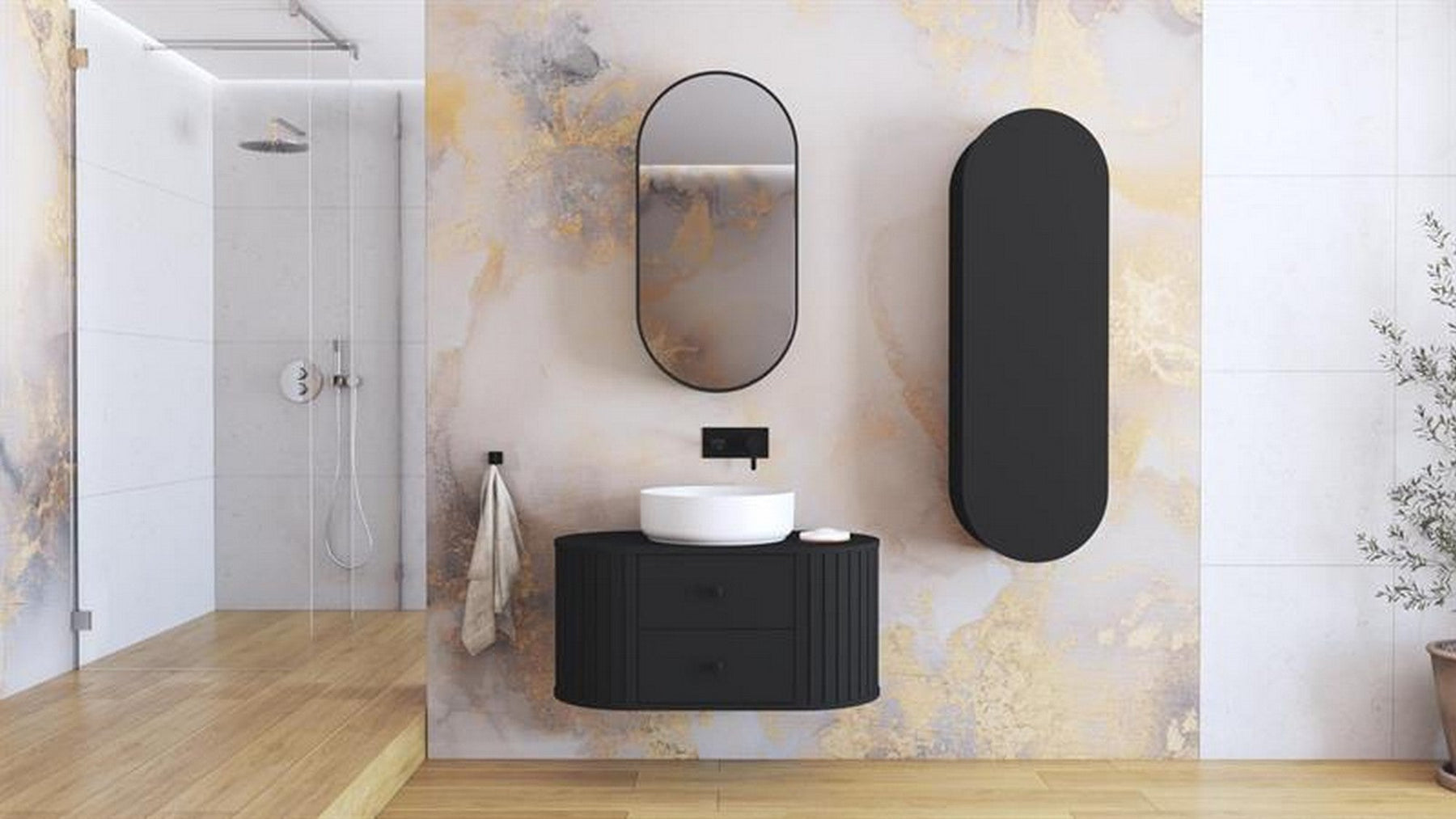 Dulap baie VENEZIA, negru mat, PAL laminat, cu oglinda, 48x19x95 cm