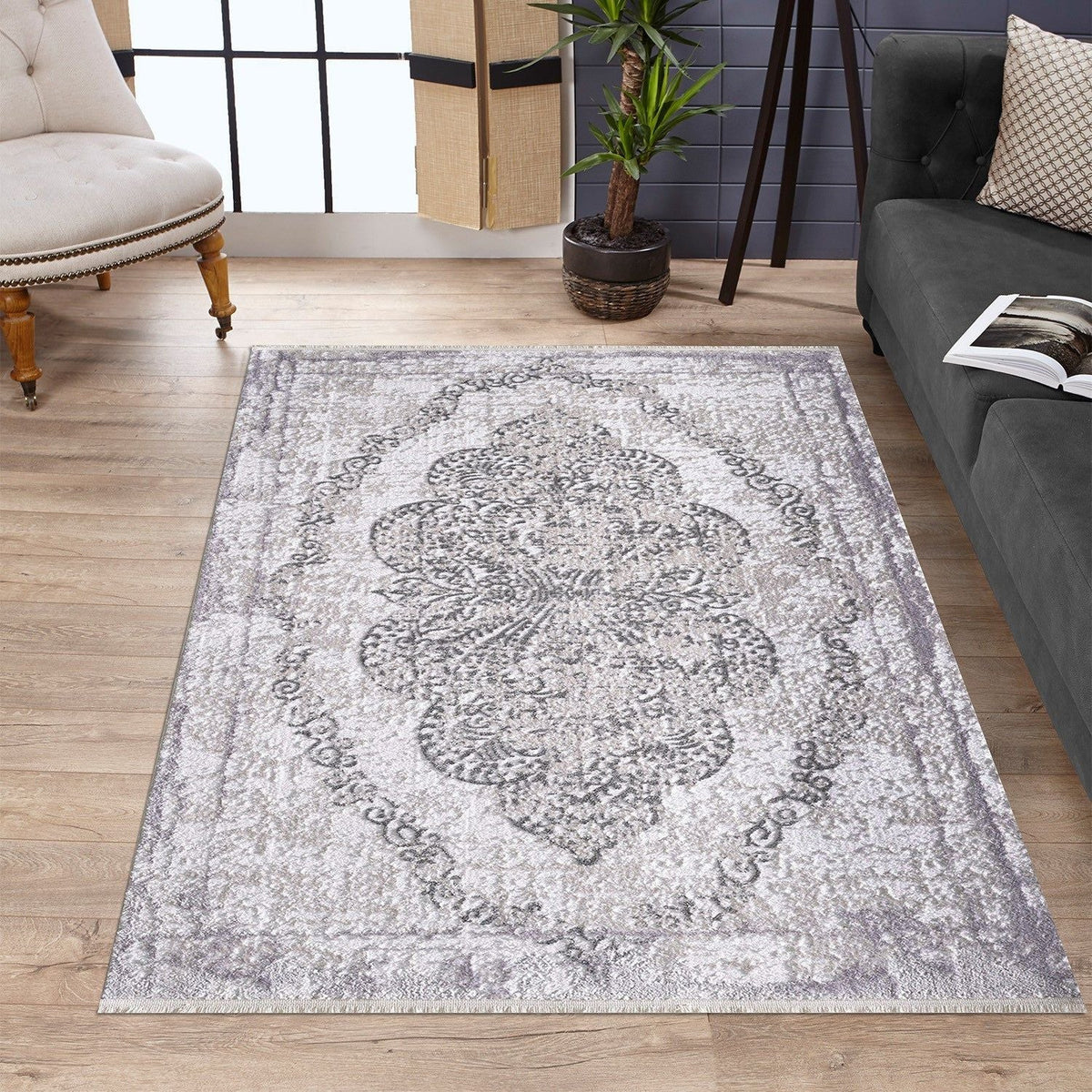 Covor JASMINE 1423, 160x230 cm, forma dreptunghiulara, poliester, gri/alb