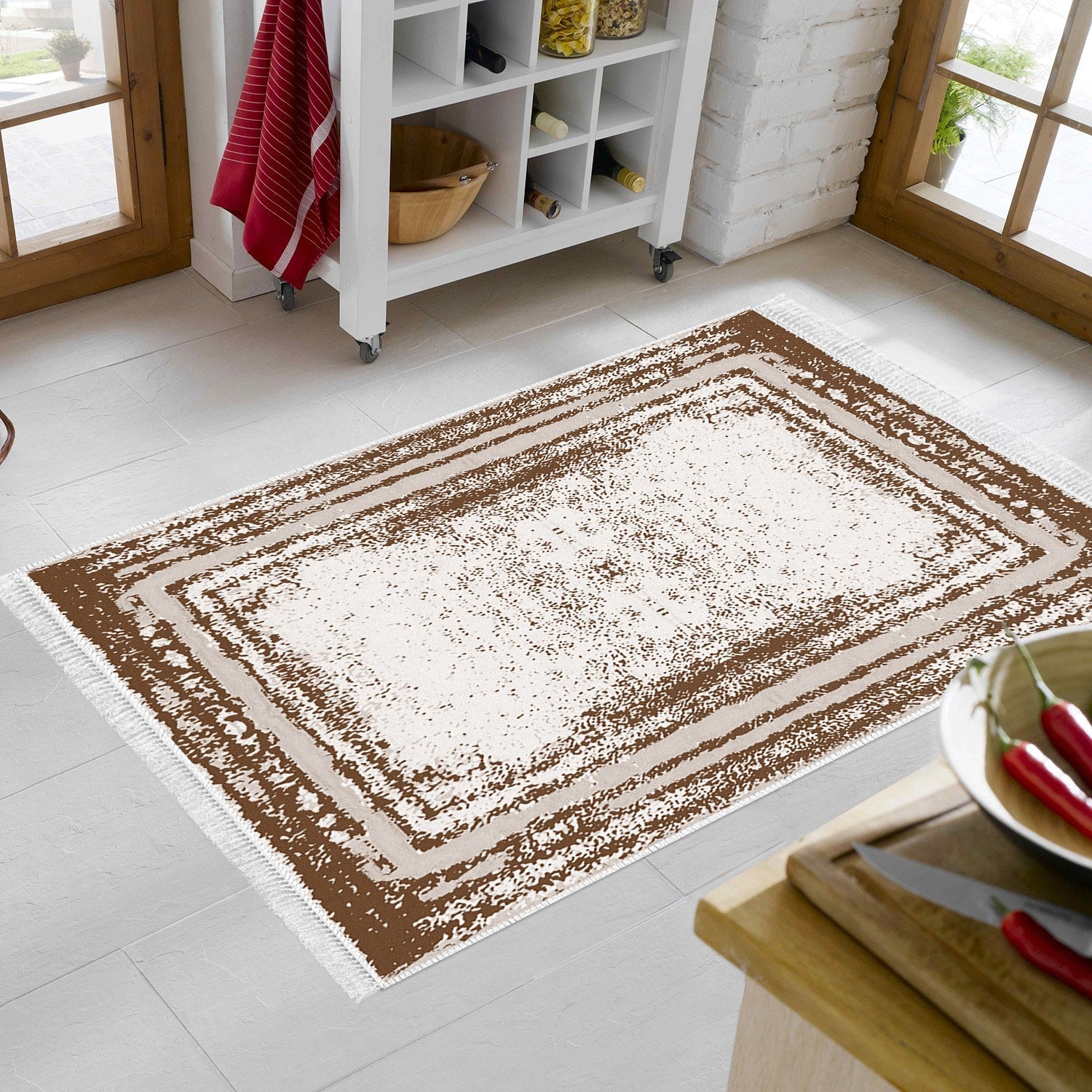 Covor M5132, 80x120 cm, forma dreptunghiulara, poliester, maro/crem