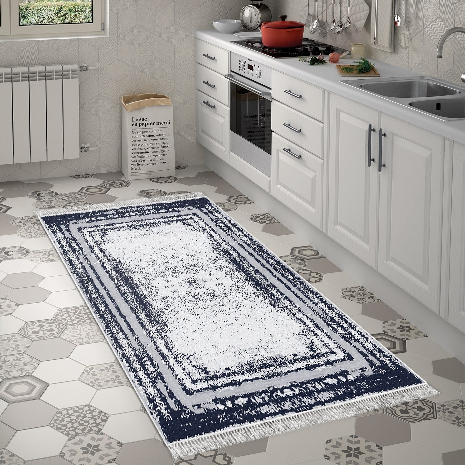 Covor M5132, 80x120 cm, forma dreptunghiulara, poliester, albastru