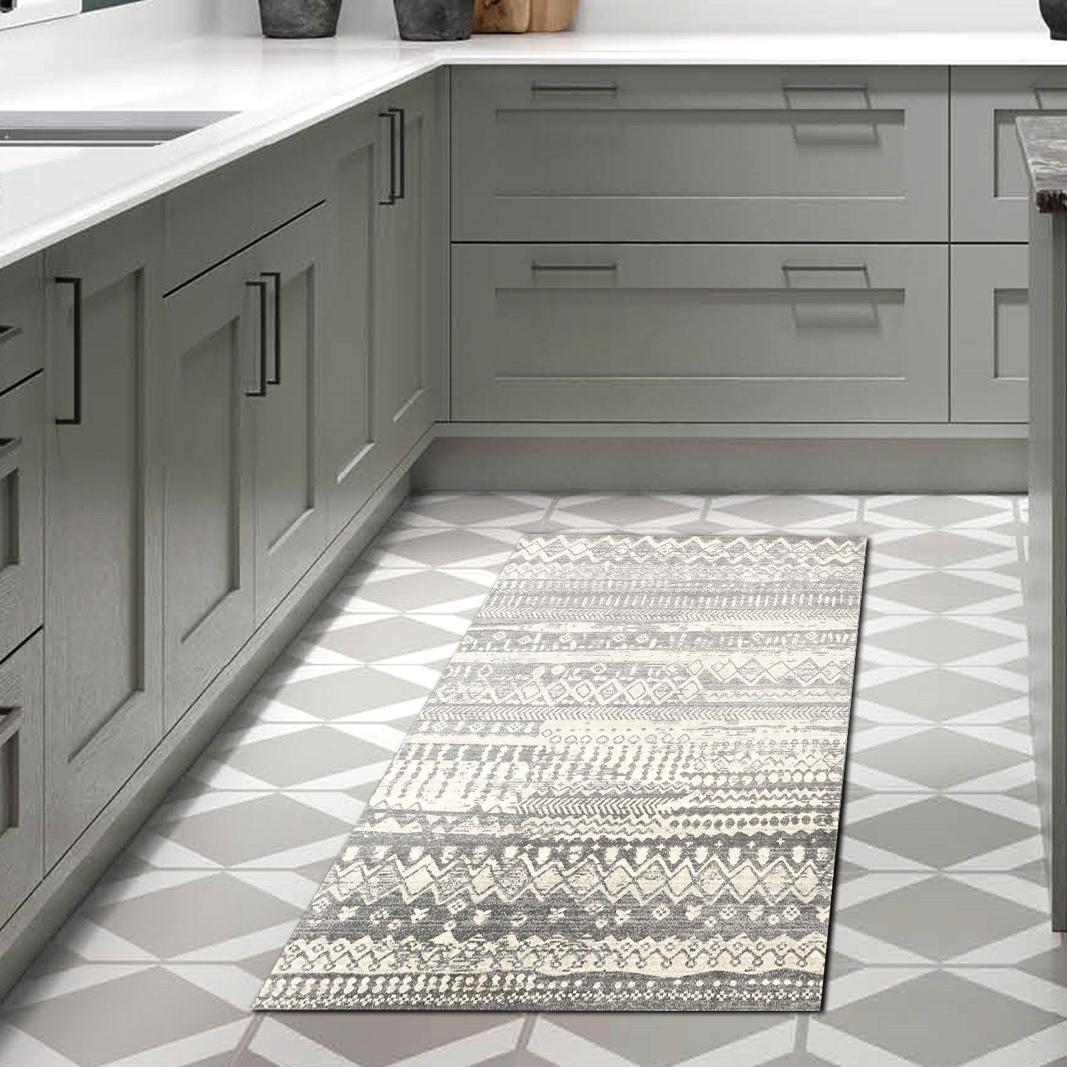 Covor F5080 - V2, 80x120 cm, forma dreptunghiulara, poliester, bej/gri inchis