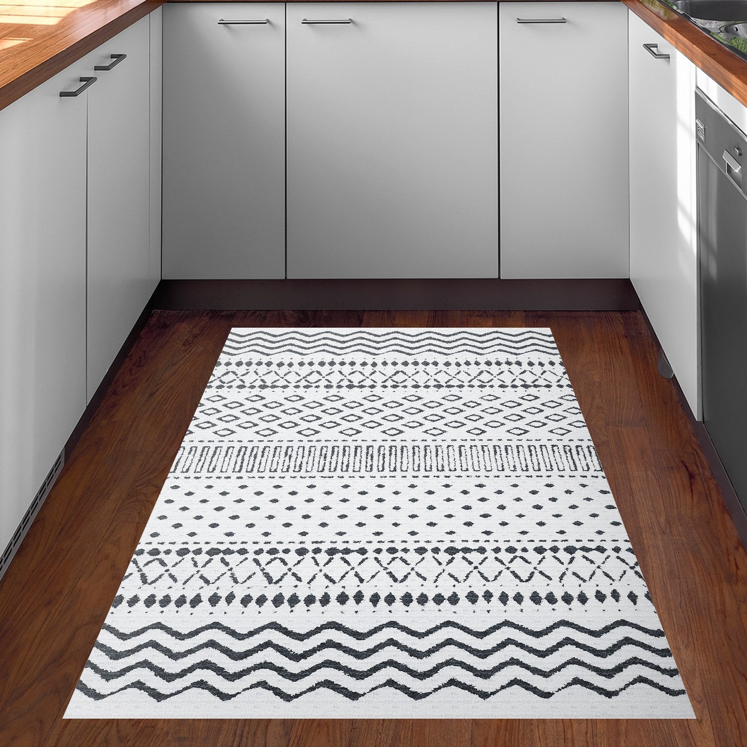 Covor F5086 - V2, 80x120 cm, forma dreptunghiulara, poliester, alb/negru