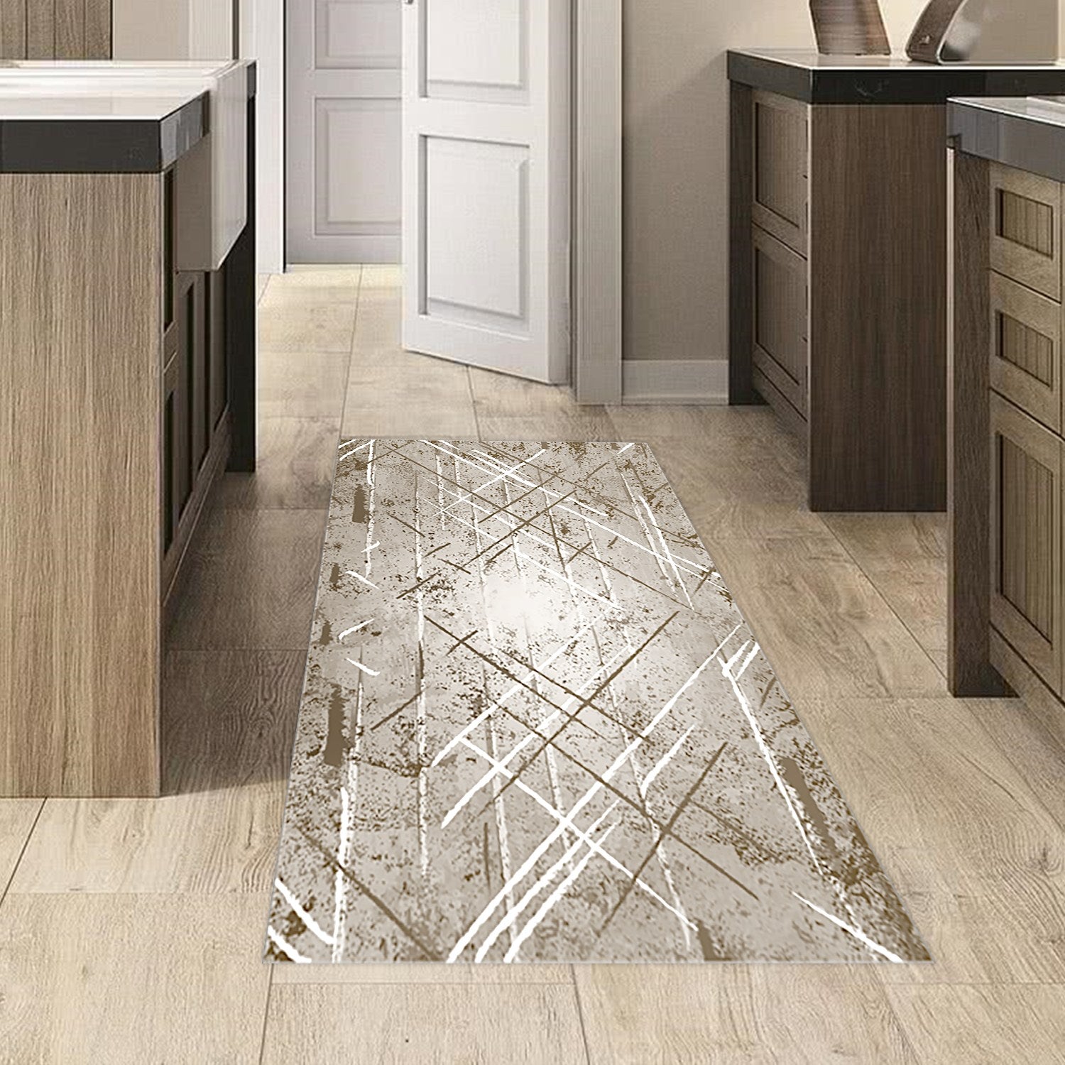 Covor M5003 - V2, 80x120 cm, forma dreptunghiulara, poliester, maro/alb