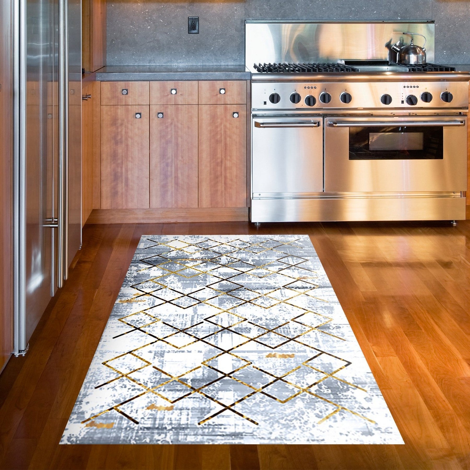 Covor M5026 - V2, 80x120 cm, forma dreptunghiulara, poliester, albastru/auriu