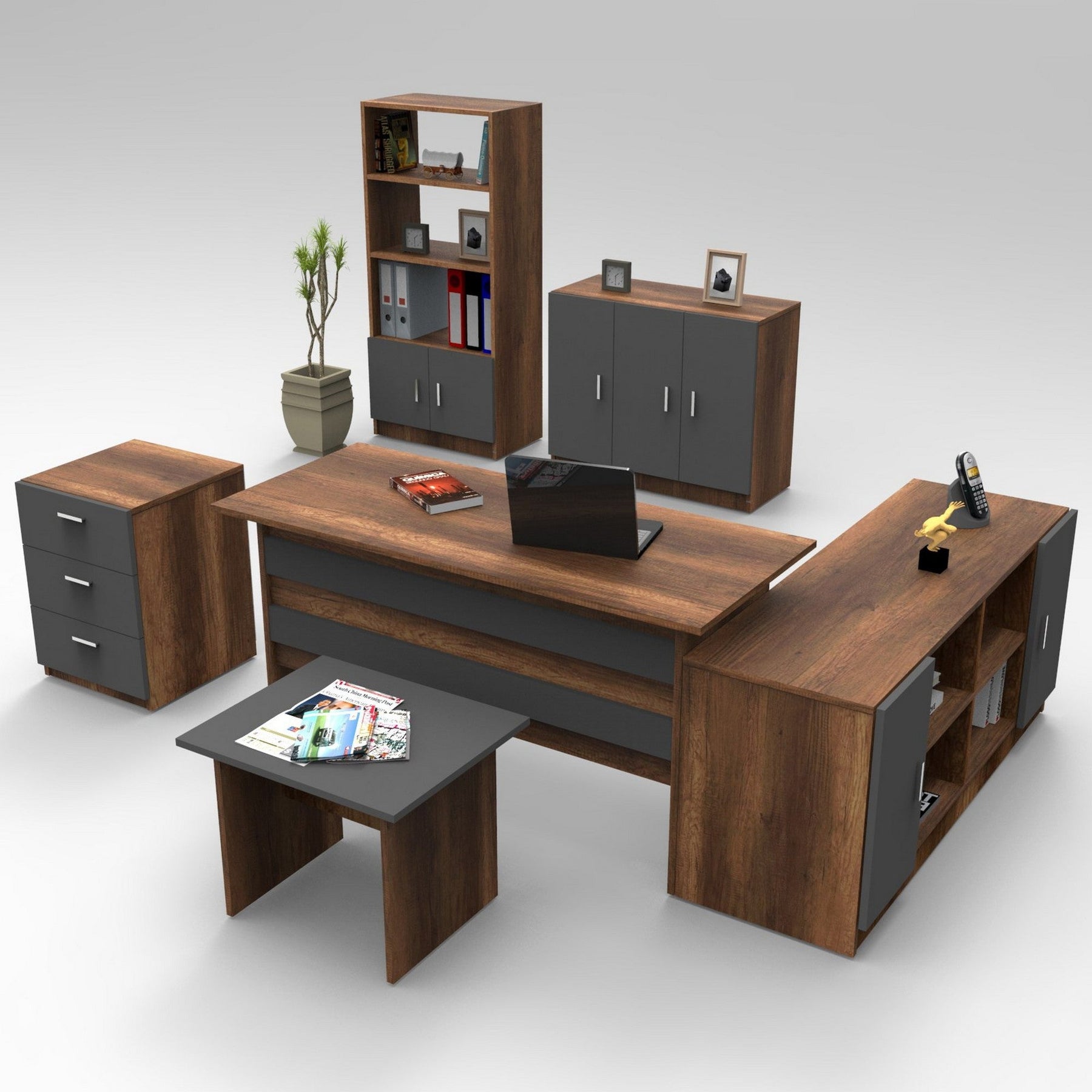 Set mobilier birou VO17 - BA, 6 piese, gri antracit/nuc, PAL melaminat