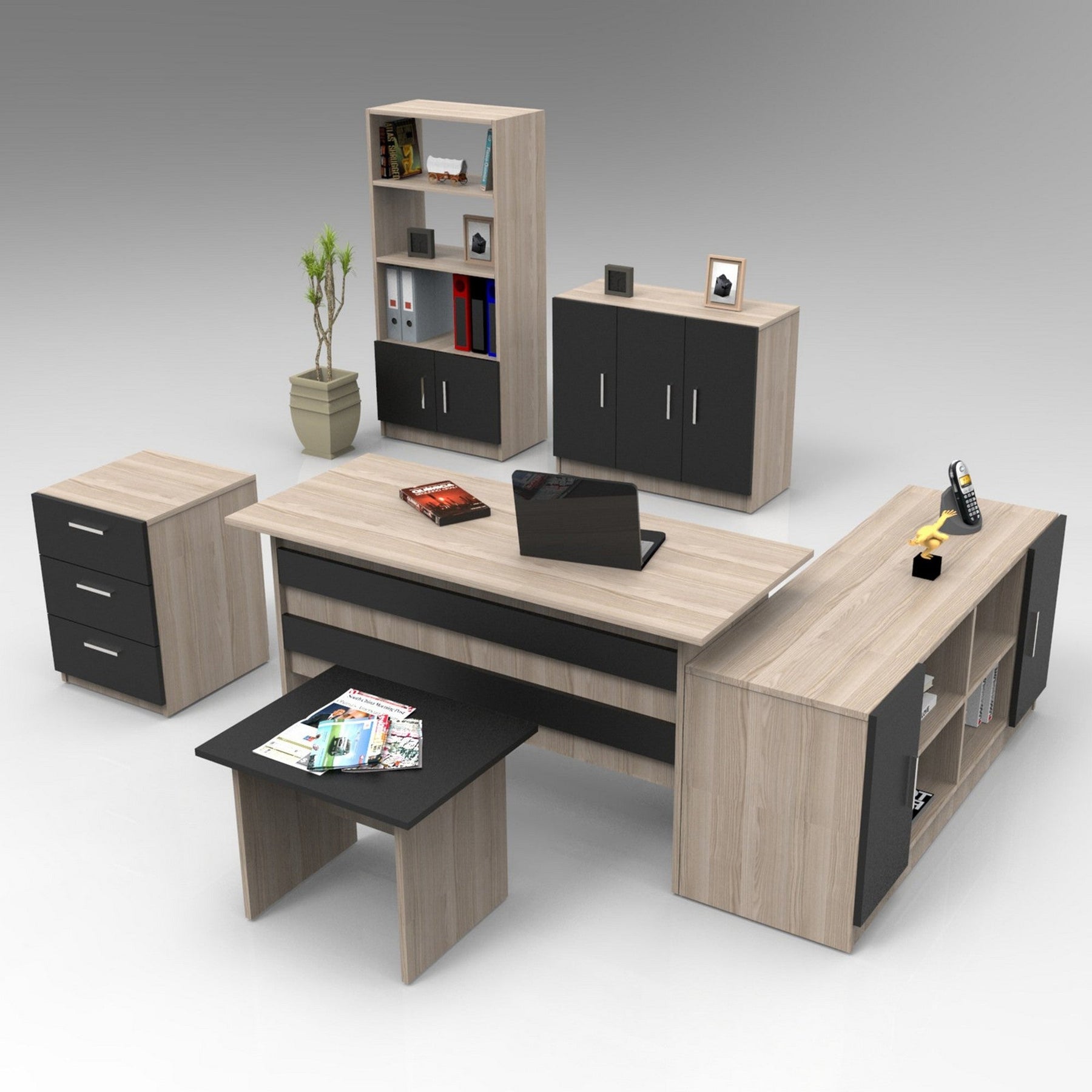 Set mobilier birou VO17 - OB, 6 piese, stejar/negru, PAL melaminat