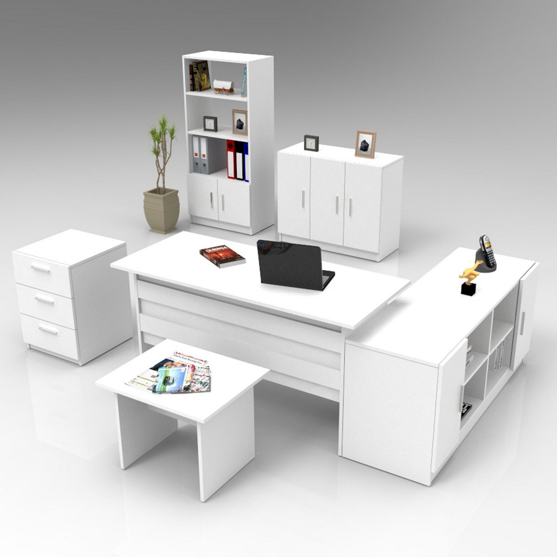 Set mobilier birou VO17 - W, 6 piese, alb, PAL melaminat
