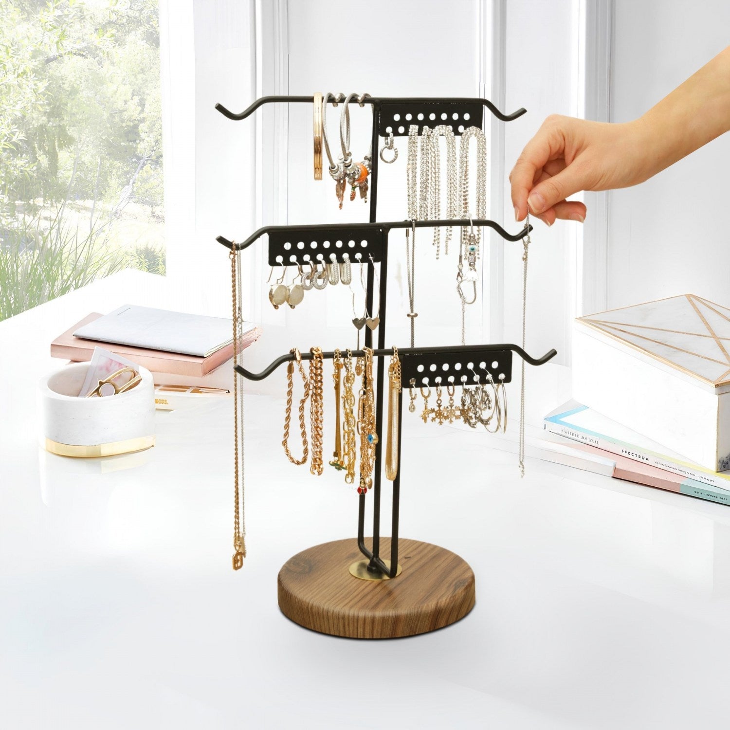 Suport bijuterii 241356, negru/nuc, metal/lemn, 25x39 cm