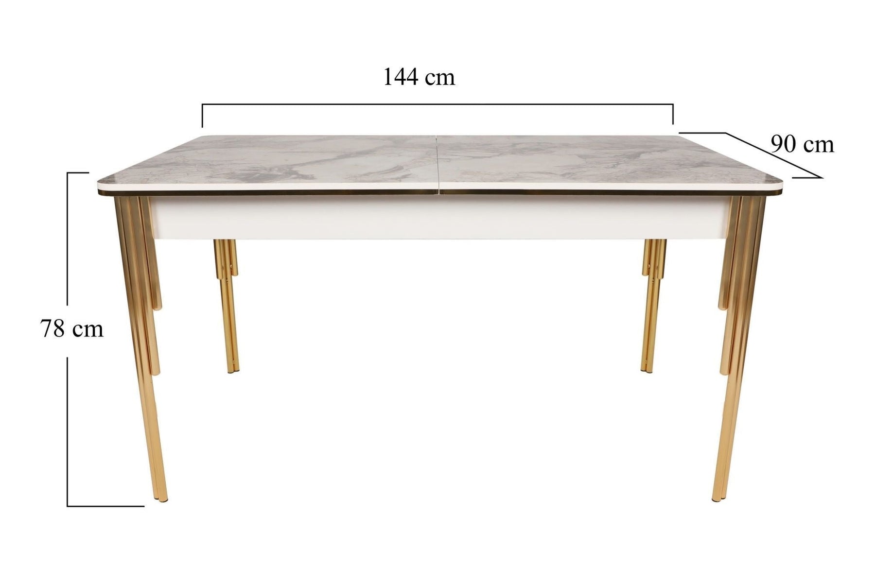 Masa extensibila DAMLA 1102, alb cu efect de marmura/auriu, PAL melaminat/metal, 144/178x90x78 cm