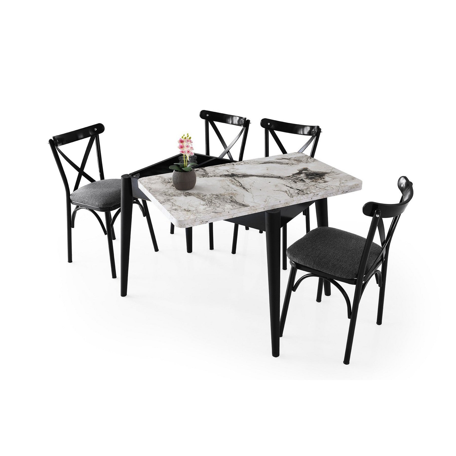 Masa extensibila DOLUNAY 1281, alb cu efect de marmura, PAL melaminat/metal, 100/120x60/100x75 cm