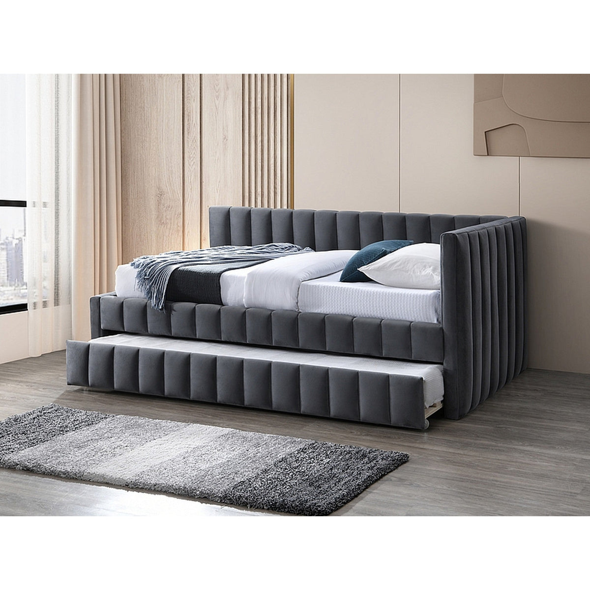 Divan 120x200 ALFIE, stofa catifelata gri - Bluvel 14, cu somiera si corp aditional