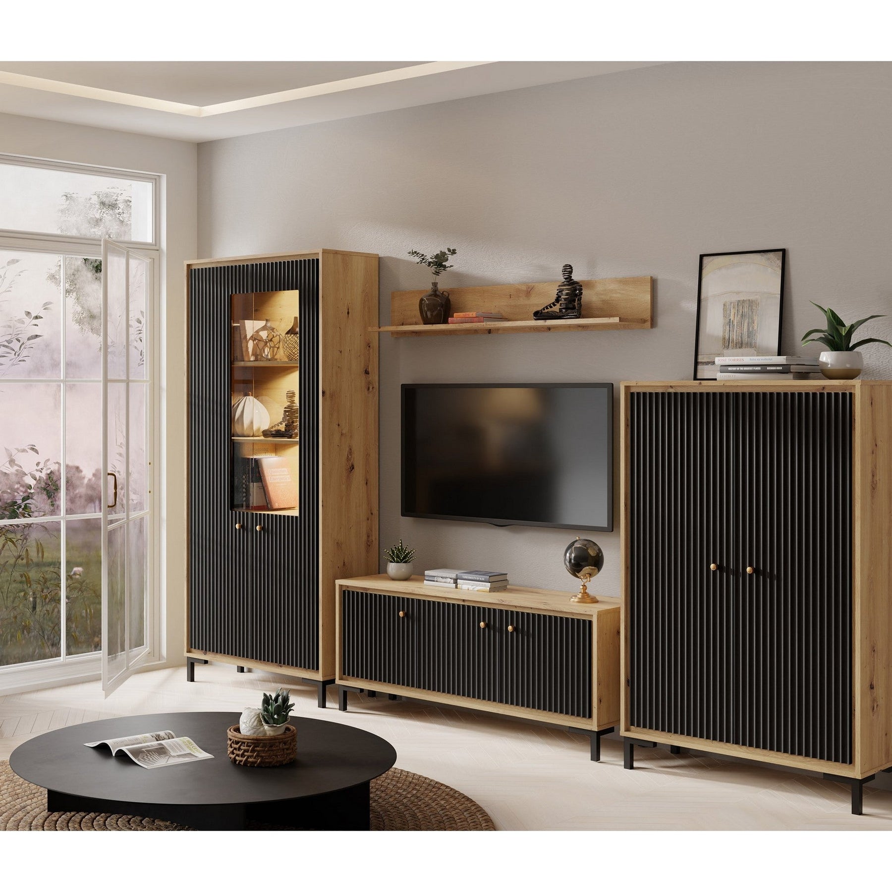 Set living PARII A, stejar artisan/negru, PAL/sticla, cu iluminare LED, 308 cm