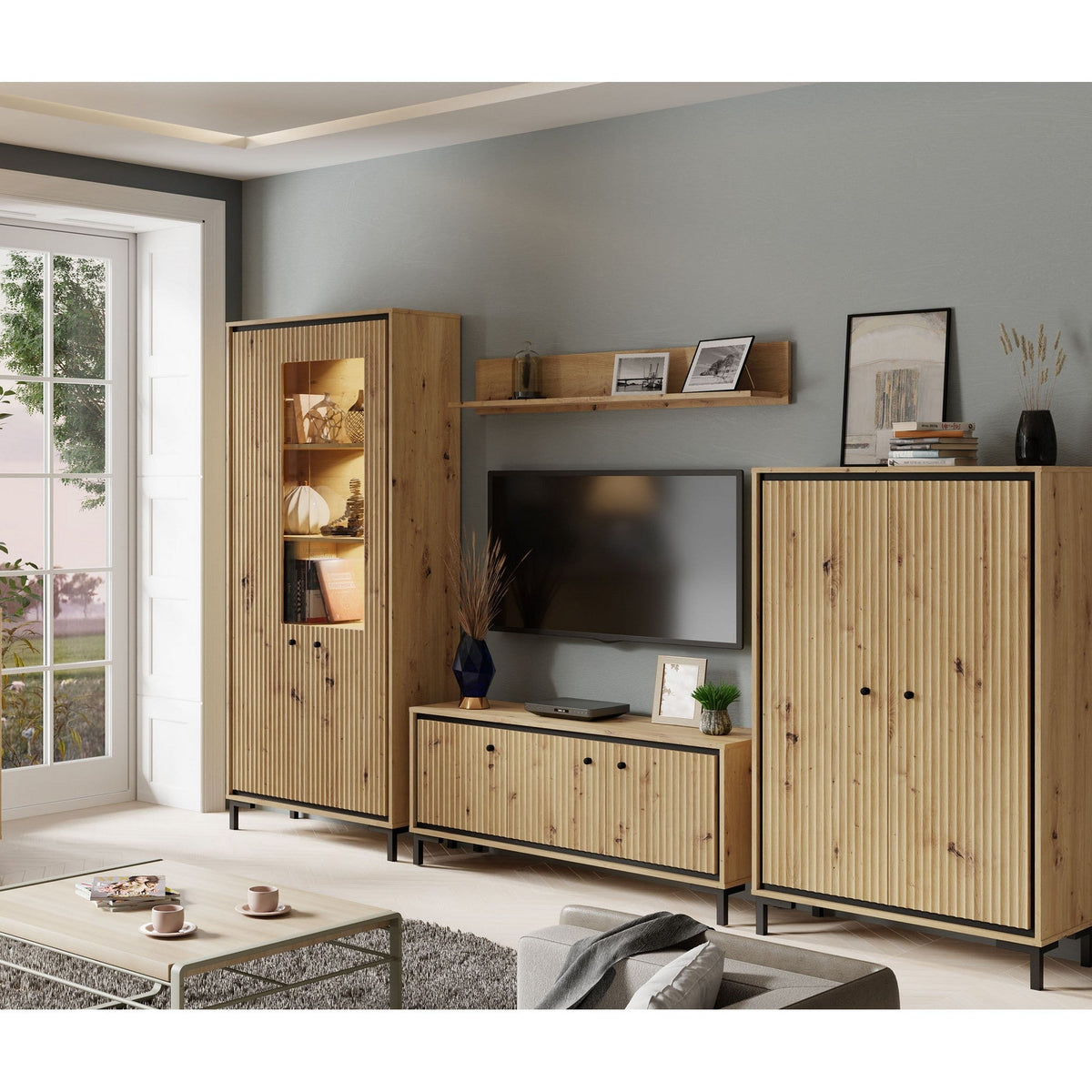 Mobilier living PARII A, stejar artisan, PAL/sticla, cu iluminare LED, 4 piese, 308x37x196 cm